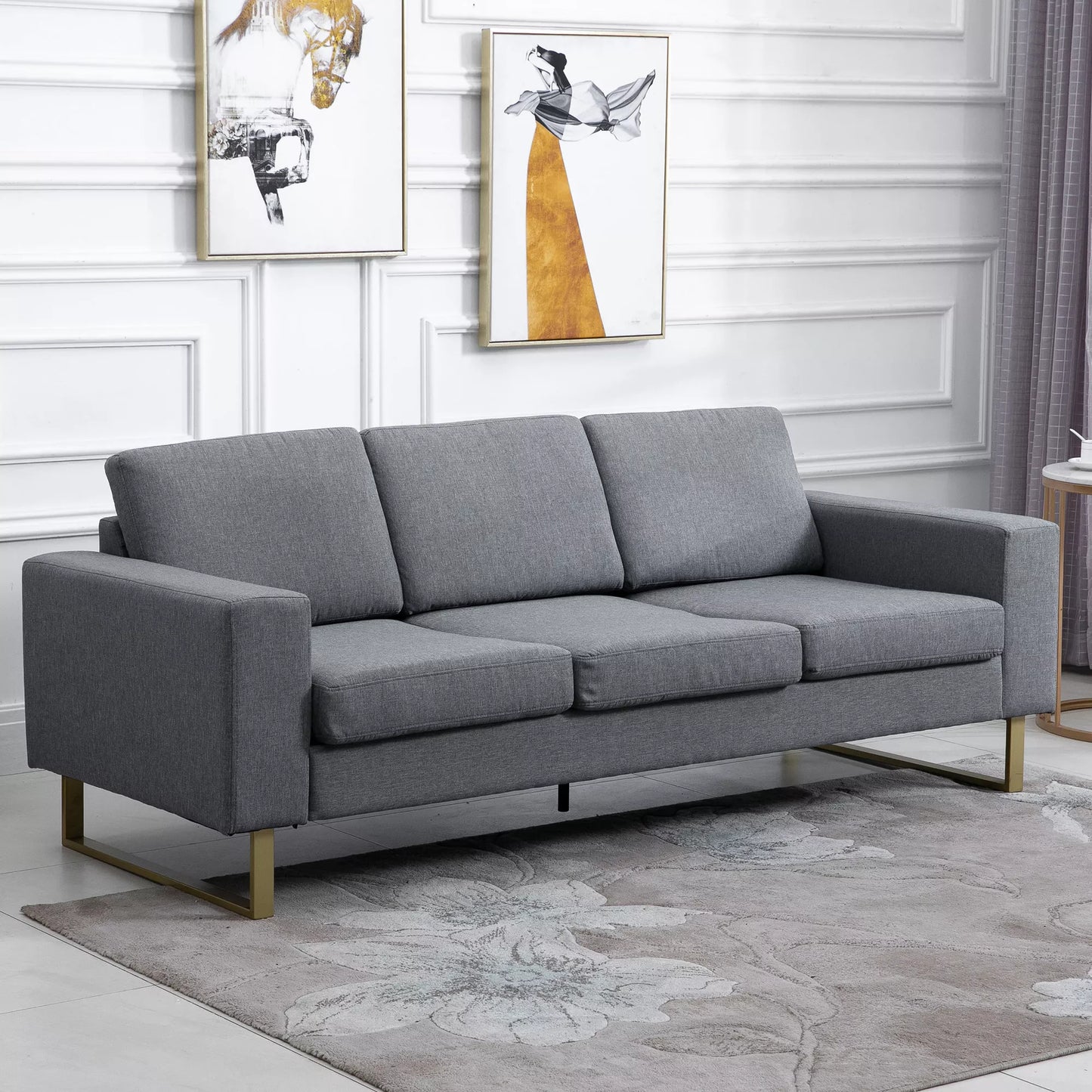 3-vietė sofa, audinio sofa su pagalvėlėmis, porankiais, linine išvaizda, miegamajam, 200 x 82 x 78 cm, tamsiai pilka