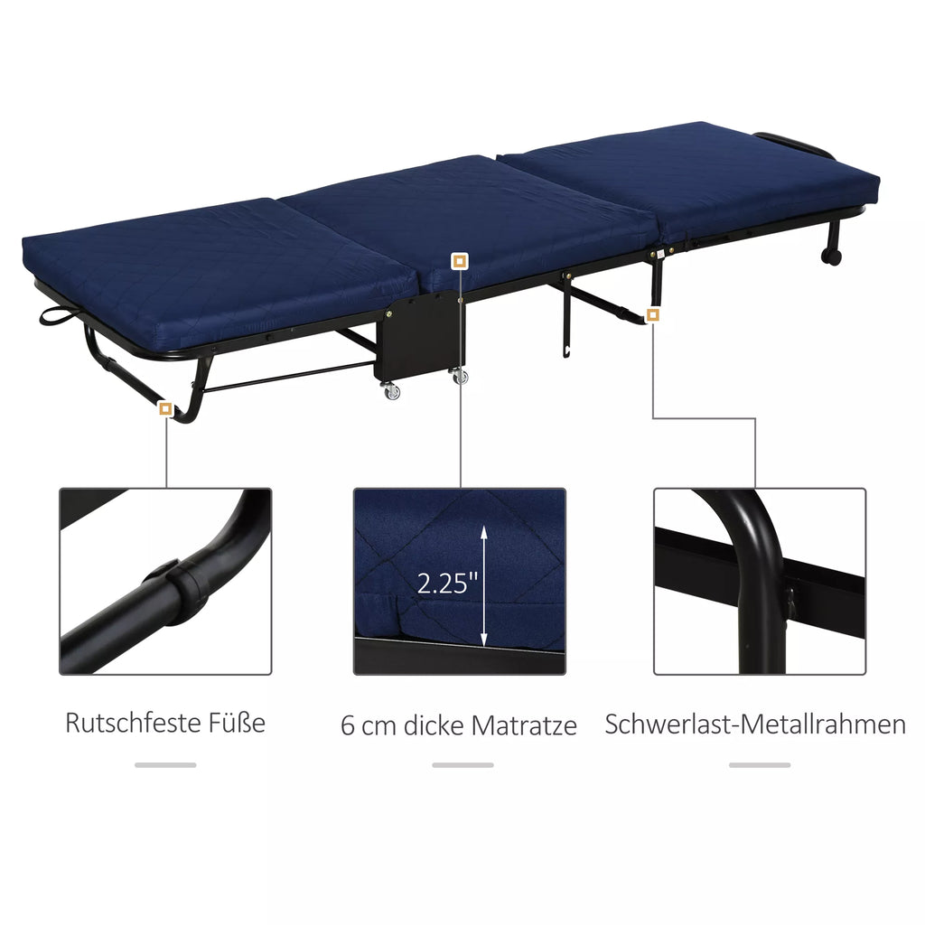 Sulankstoma lova 65x184 cm, Suaugusiųjų sulankstoma svečių lova su 6 cm storio putplasčiu, kelioninė lova su metaliniu rėmu, lauko lova su ratukais ir reguliuojamo aukščio galvūgaliu, atlaiko iki 120 kg, mėlyna