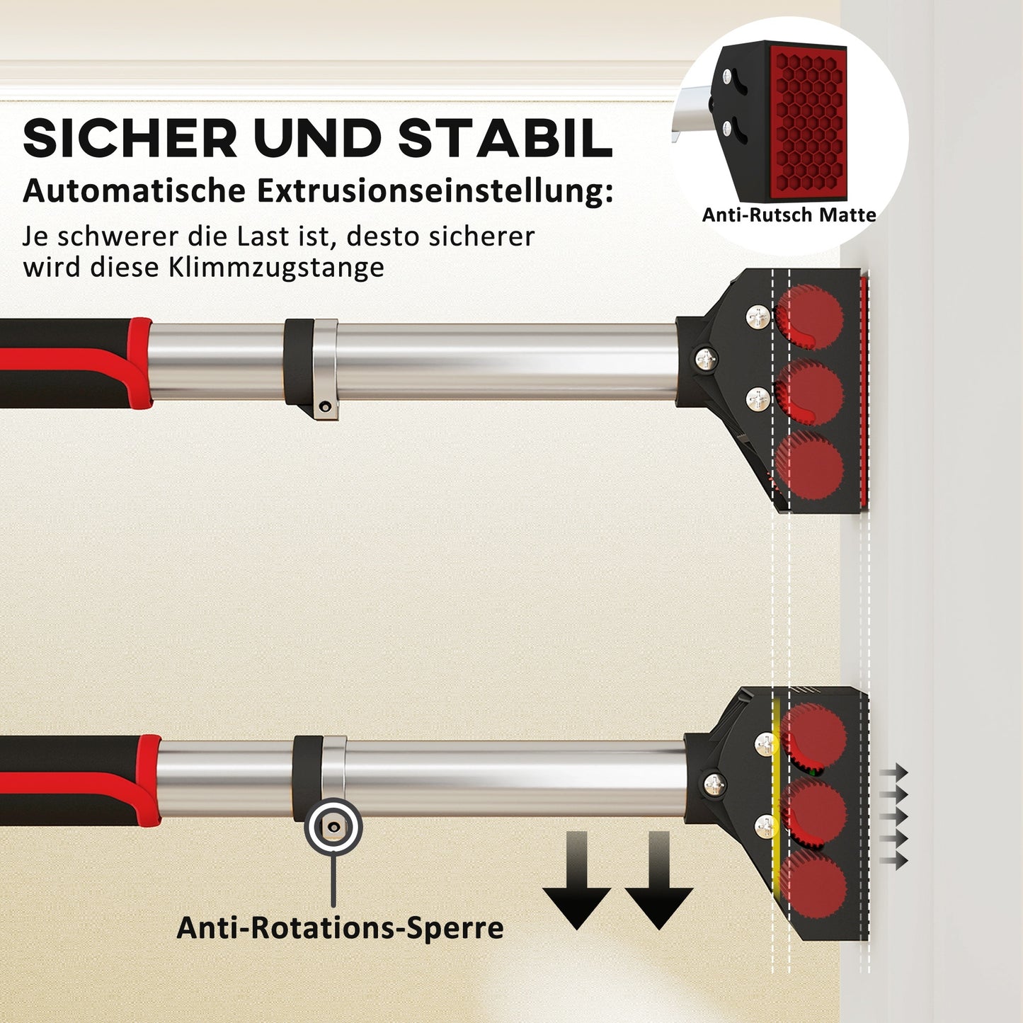 Reguliuojamas prisitraukimų strypas durų staktoms, montuojamas be gręžimo, plieninis, iki 200 kg, 75-92 x 10 x 7 cm, juodas/raudonas