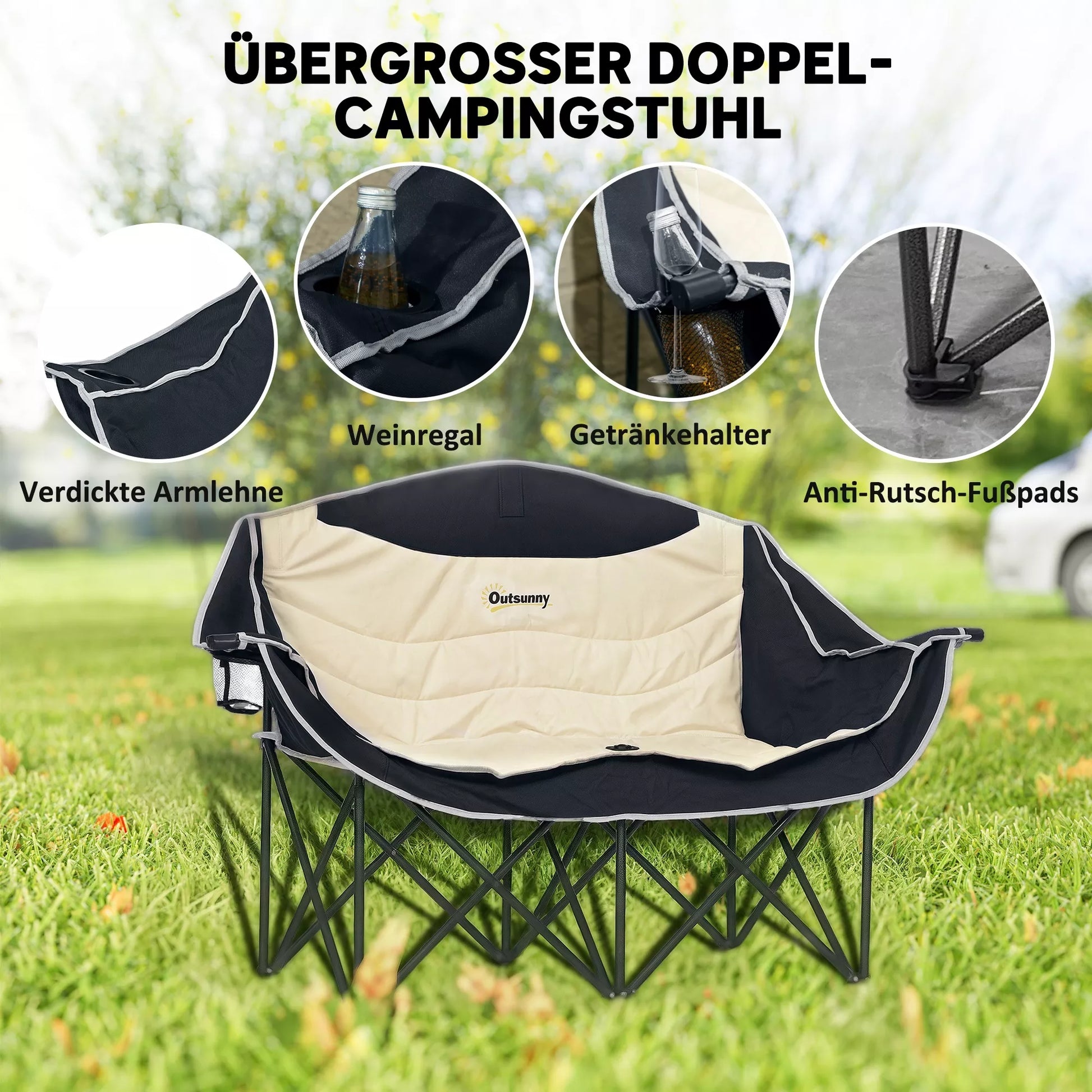 Sulankstomas 2 vietų kempingo kėdė su gėrimų laikikliu, nešimo krepšiu, atspari iki 250 kg apkrovai, chaki spalvos