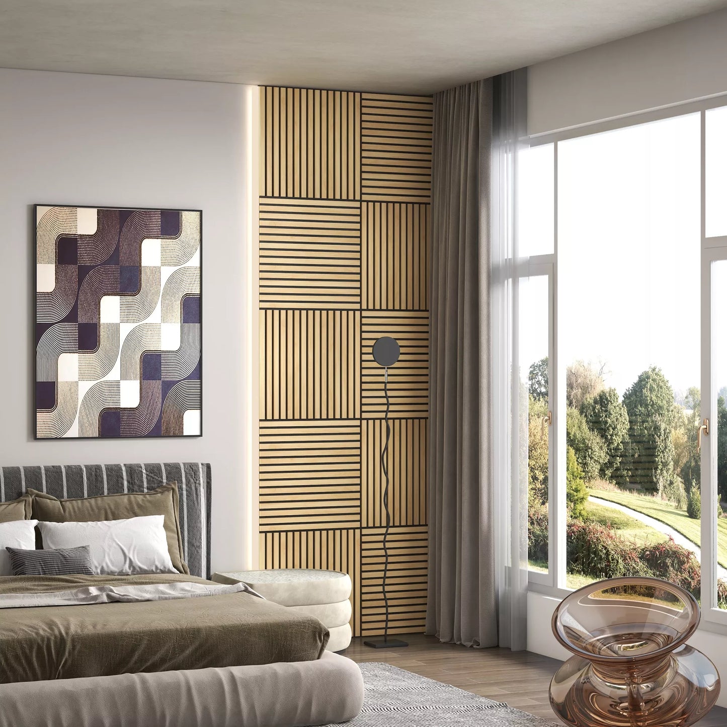 Akustinė plokštė, garso sugėrimas, DIY lamelių siena, MDF ir poliesteris, paprastas montavimas, ąžuolas