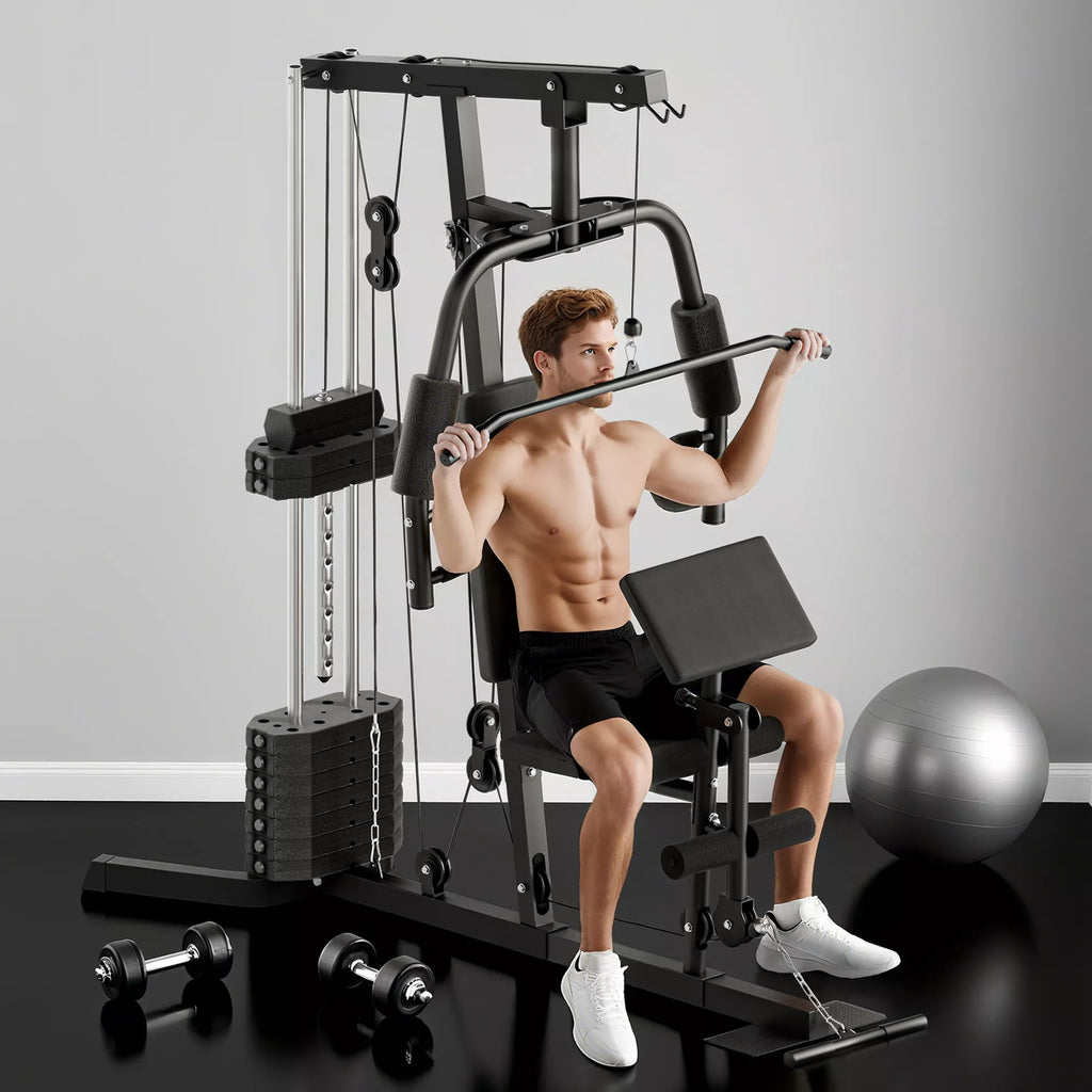 Jėgos treniruoklis su 45 kg svorio bloku, 180 x 108 x 200 cm, plieninis, juodos spalvos