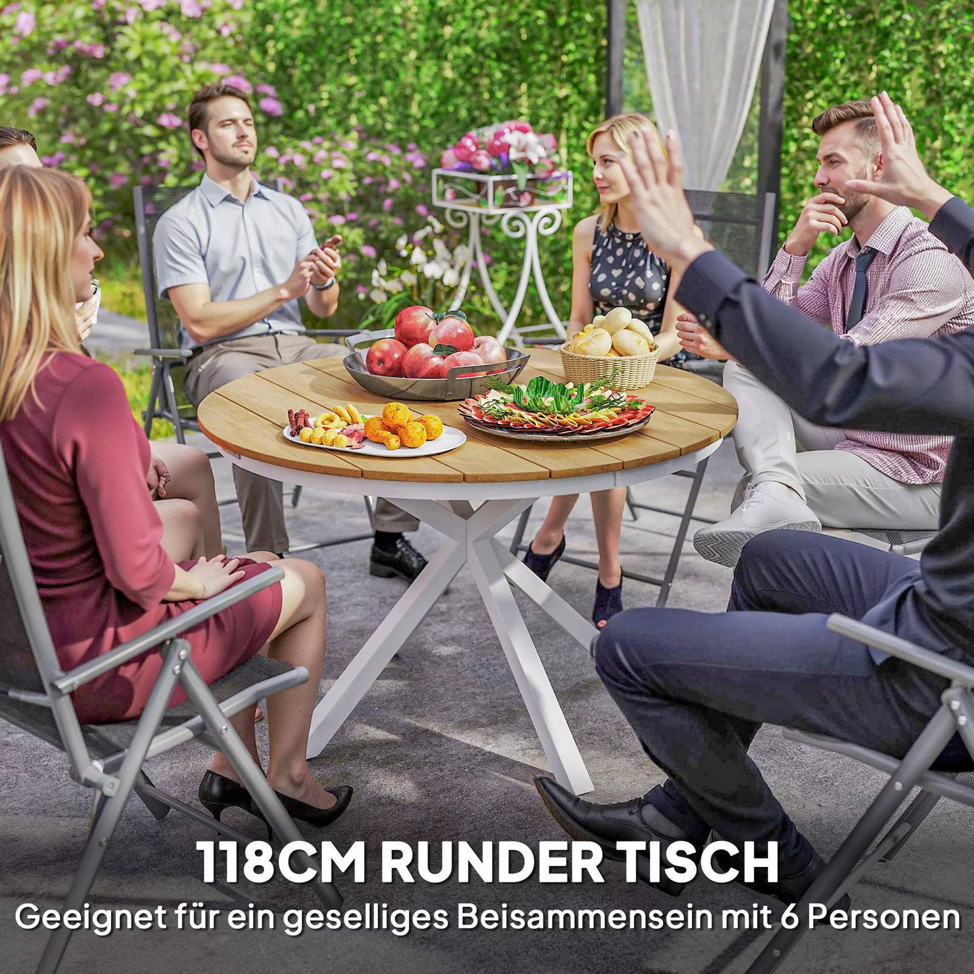 Sodo stalas Ø118 cm, atsparus atmosferos poveikiui, aliuminis balkono stalas, pagalbinis stalas su kryžminėmis kojomis, lentų dizainas, tiko mediena