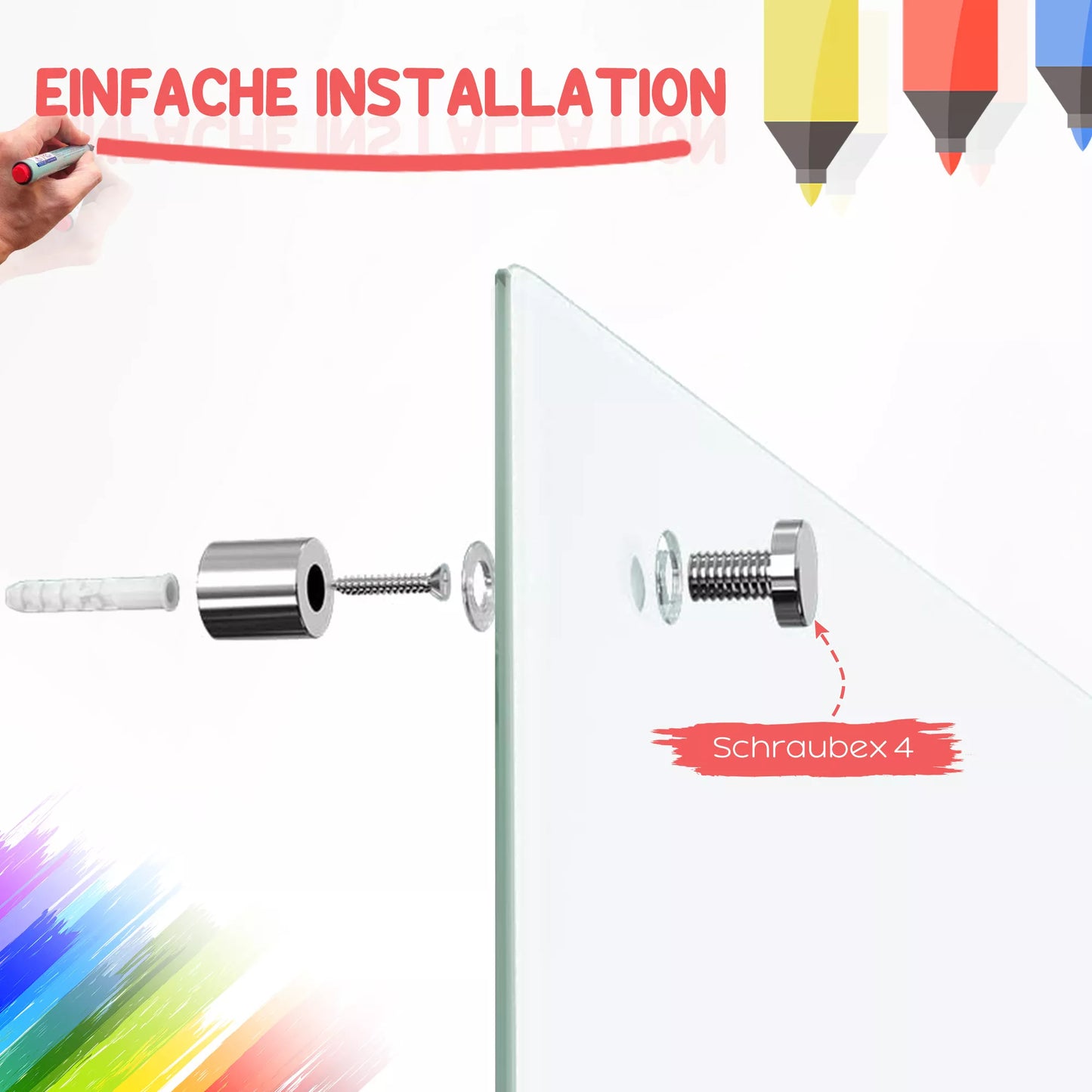 Glas rašymo lenta, memo lenta, 4 markeriai, 6 magnetukai, 1 kempinė, 1 padėklas, balta