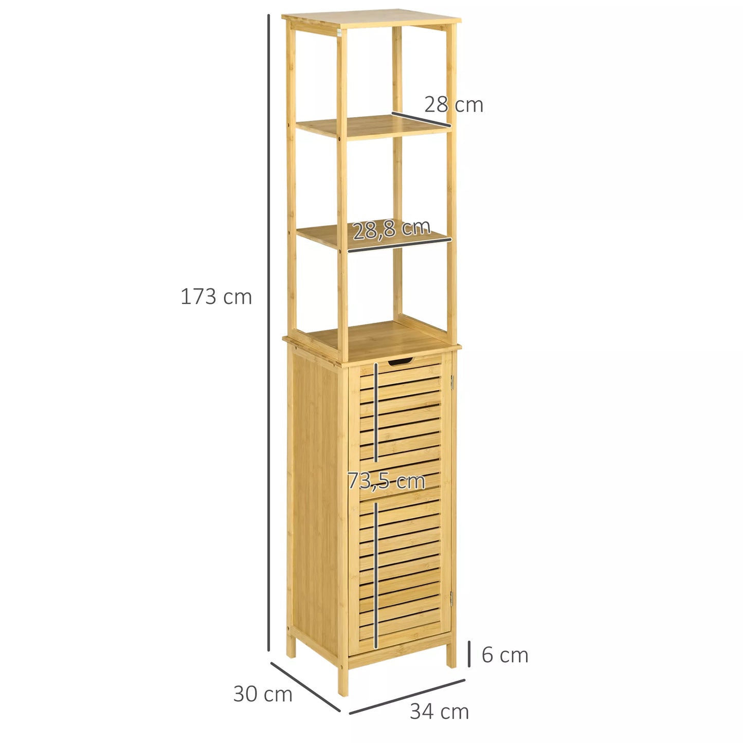 Vonios spintelė, aukšta spintelė, trys lentynos, vienas skyrius su žaliuzių durimis, apsauga nuo apsivertimo, bambukas, 34 x 30 x 173cm
