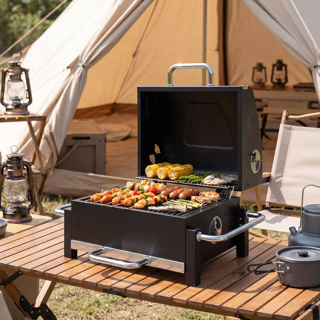 Plieninis anglies grilis, nešiojamas BBQ rūkintuvas su dangčiu, reguliuojama ventiliacija, dviejų lygių anglies dėžė, termometras
