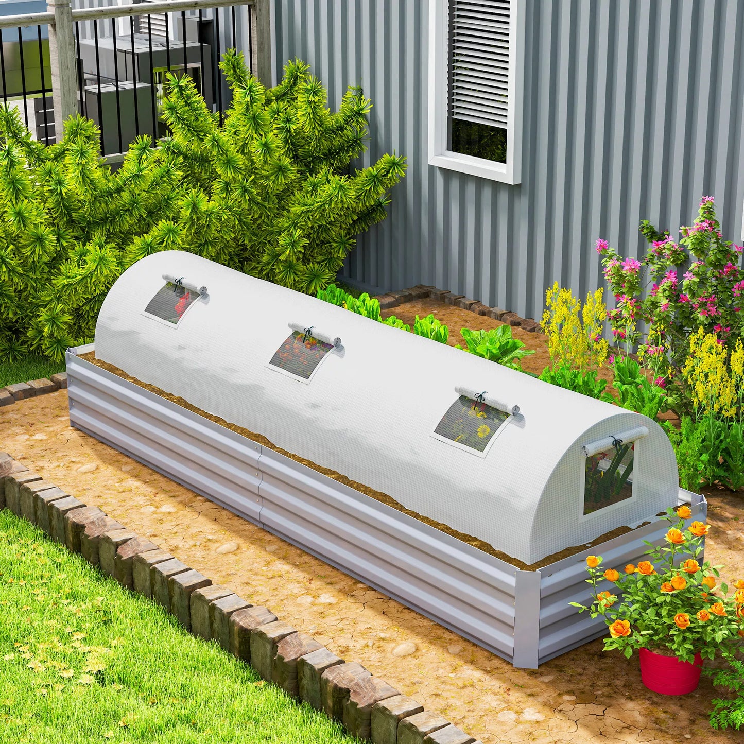 Plėvelės šiltnamis, mini tunelinis šiltnamis su tinkliniu langu, atsparus UV spinduliams, plastikinė plėvelė, 300 x 80 x 45 cm, baltas