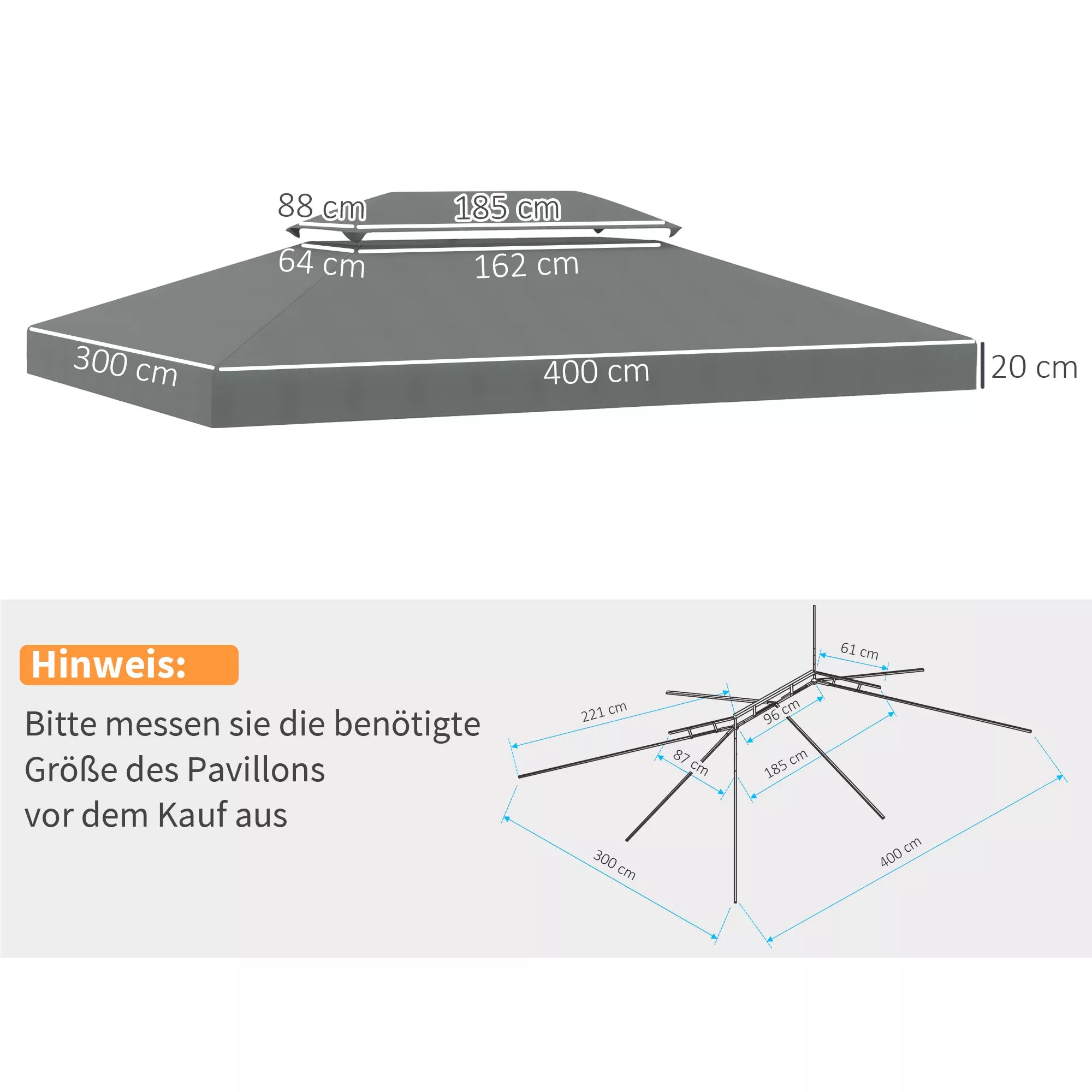 Atsarginis stogas metaliniam paviljonui 3x4 m, atsparus vandeniui Paviljono stogas sodo paviljonui, šventėms, sodo palapinei, poliesteris, tamsiai pilkos spalvos