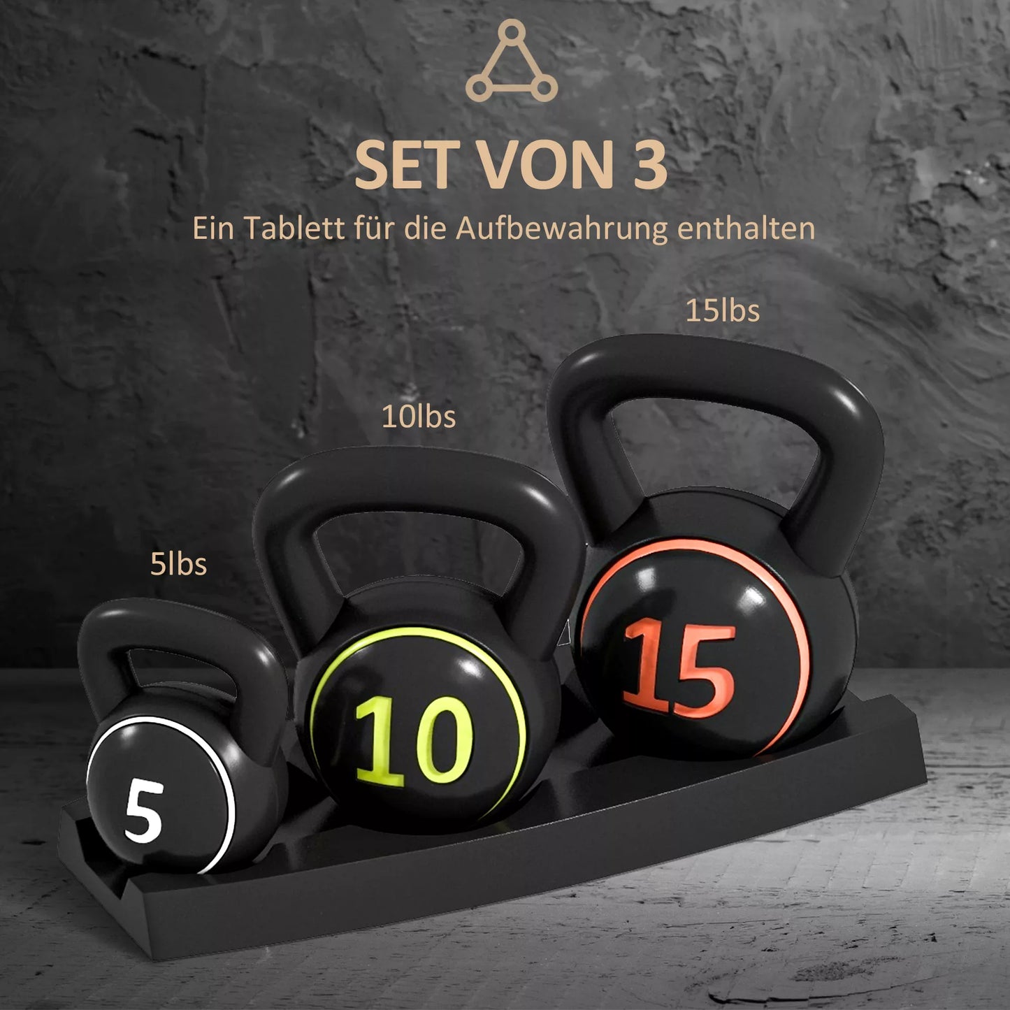 SPORTNOW Kettlebell rinkinys, 3 svareliai 2,2kg/4,5kg/6,8kg, plastikinis apvalkalas, juodas