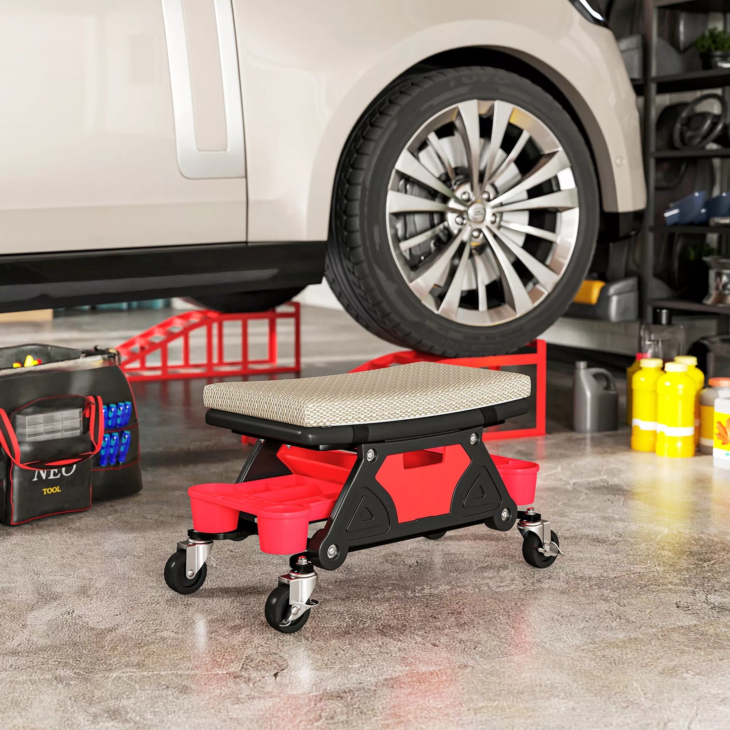 Dirbtuvės taburetė su ratukais ir laikymo lentyna, 35 cm aukščio, riedanti taburetė, atlaiko iki 135 kg, pilka