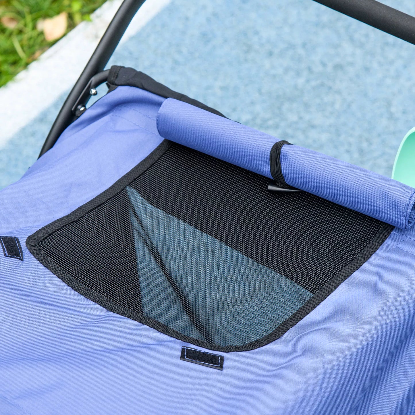 Šunų vežimėlis, sulankstomas, atlenkiamas, su gulima pagalvėle, plieninis rėmas, mėlynas/juodas