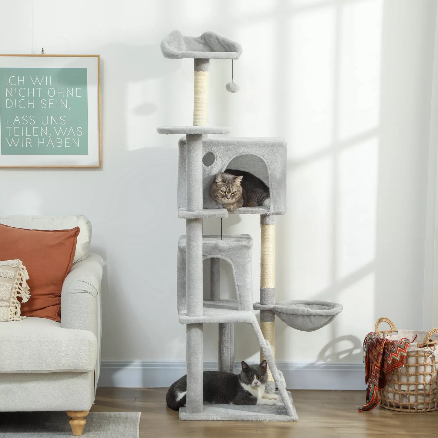 160 cm Kačių draskykla, kelios pakopos, sizaliniai draskymo stulpeliai, urveliai, pliušinės platformos, hamakas, laipteliai, žaisliniai kamuoliukai