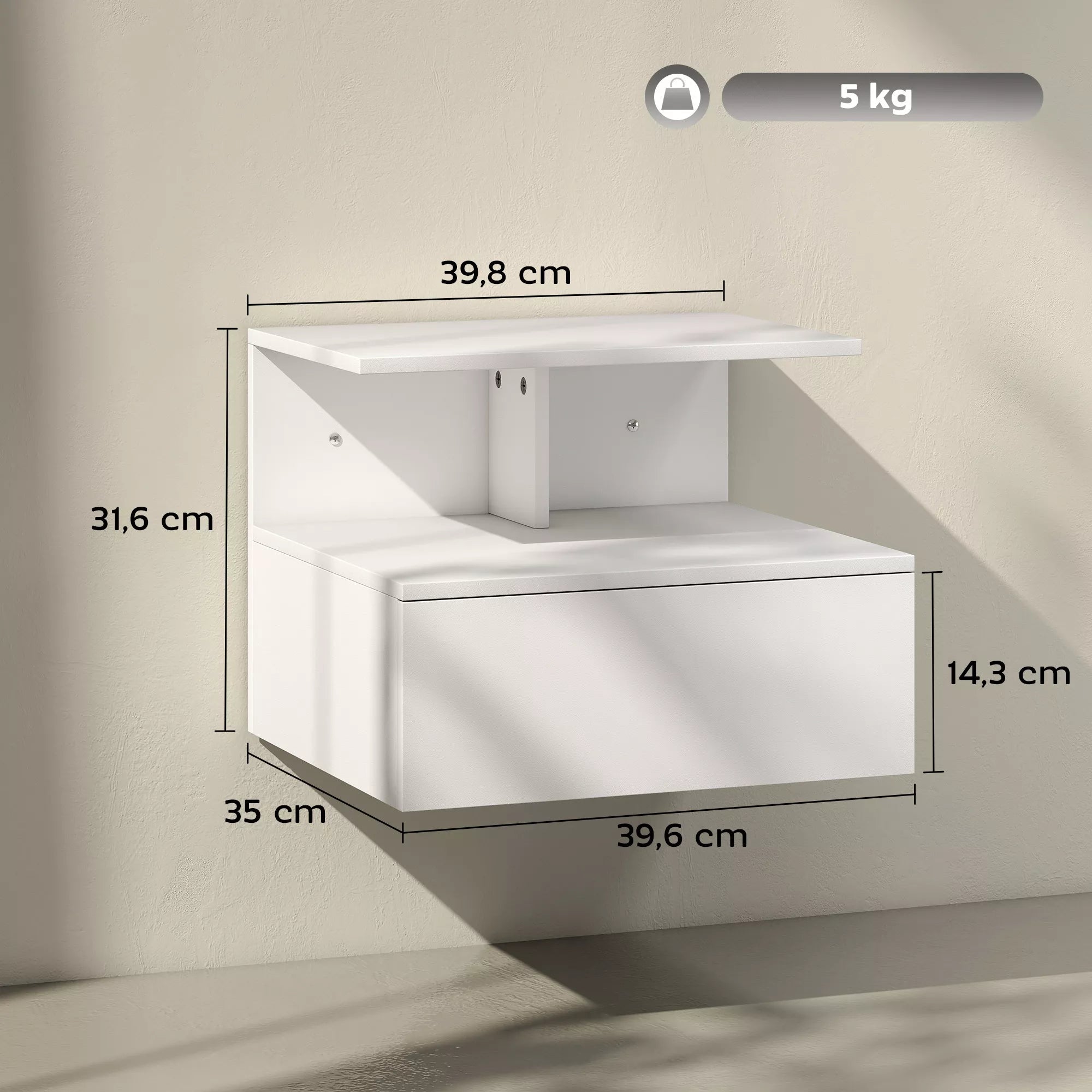 Staliuko matmenų schema su išmatavimais 39,8, 31,6 ir 35 cm bei 5 kg žyma