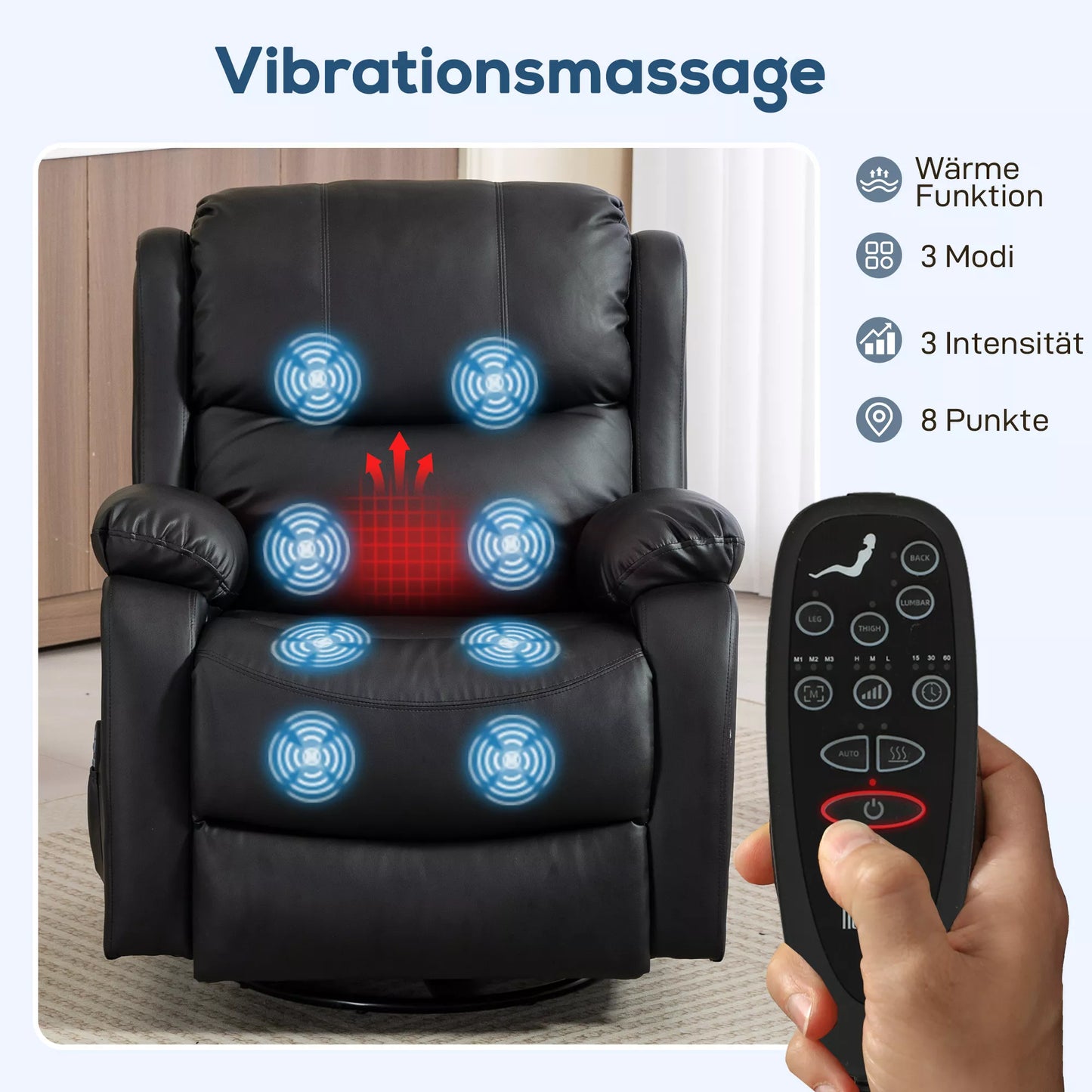 Masažinis krėslas, šildymo ir atlošimo funkcija, dirbtinė oda, iki 150 kg, 97x92x104 cm, juodas