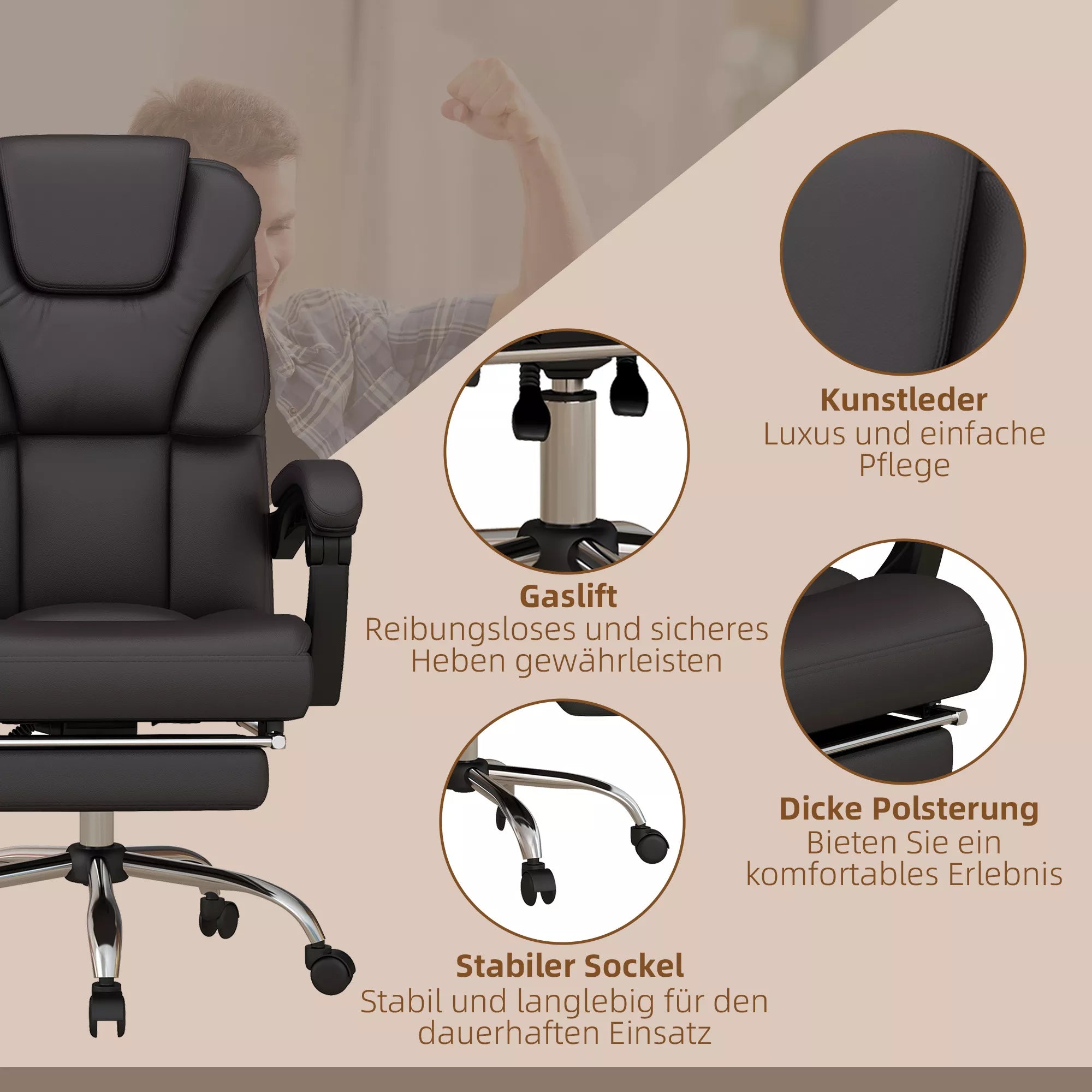 Biuro kėdė su masažo funkcija, ergonomiška, atlošiama, 63x57x118, ruda