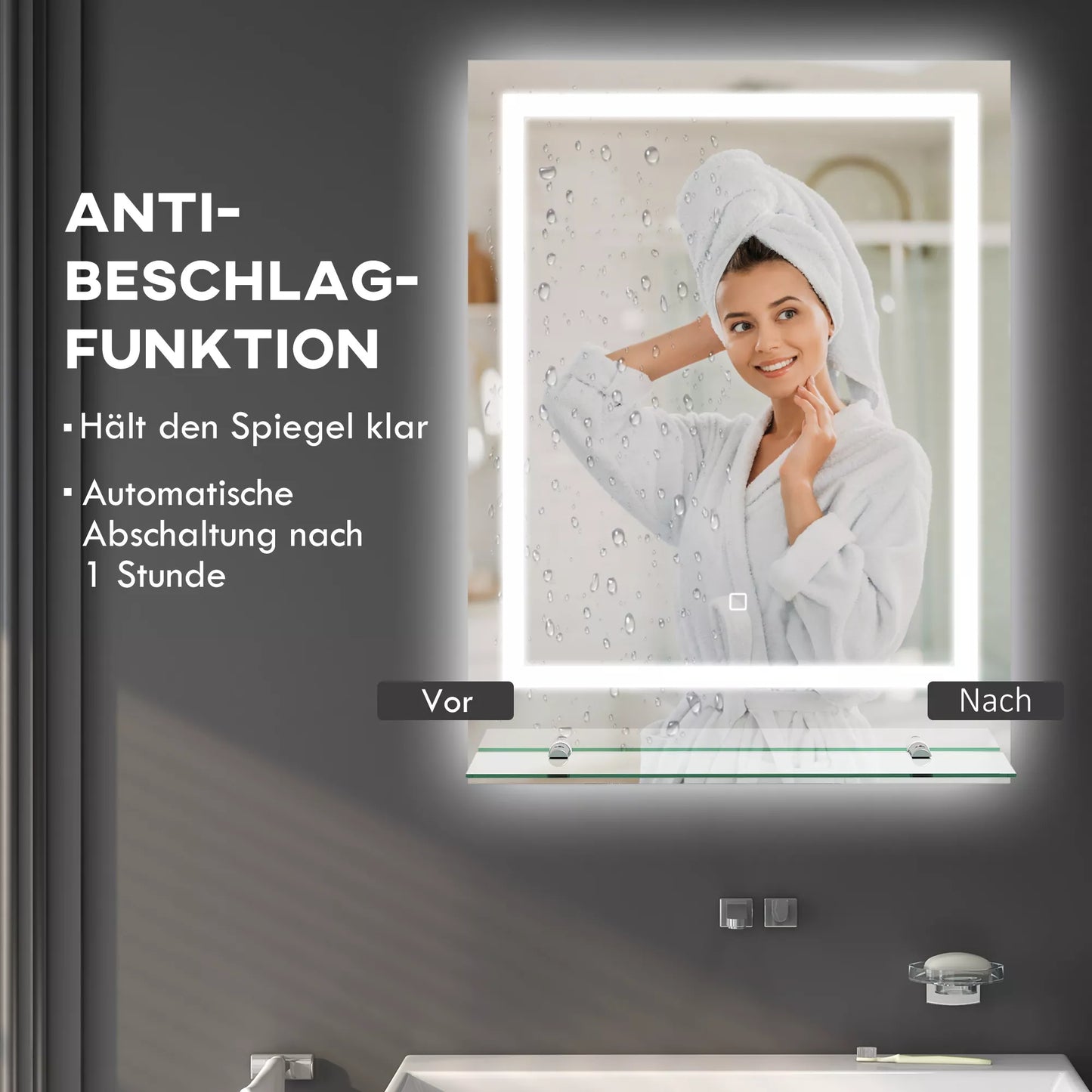 Vonios veidrodis su LED apšvietimu, 3 šviesos spalvos, apsauga nuo rasos, laidinis, 70 x 50 cm