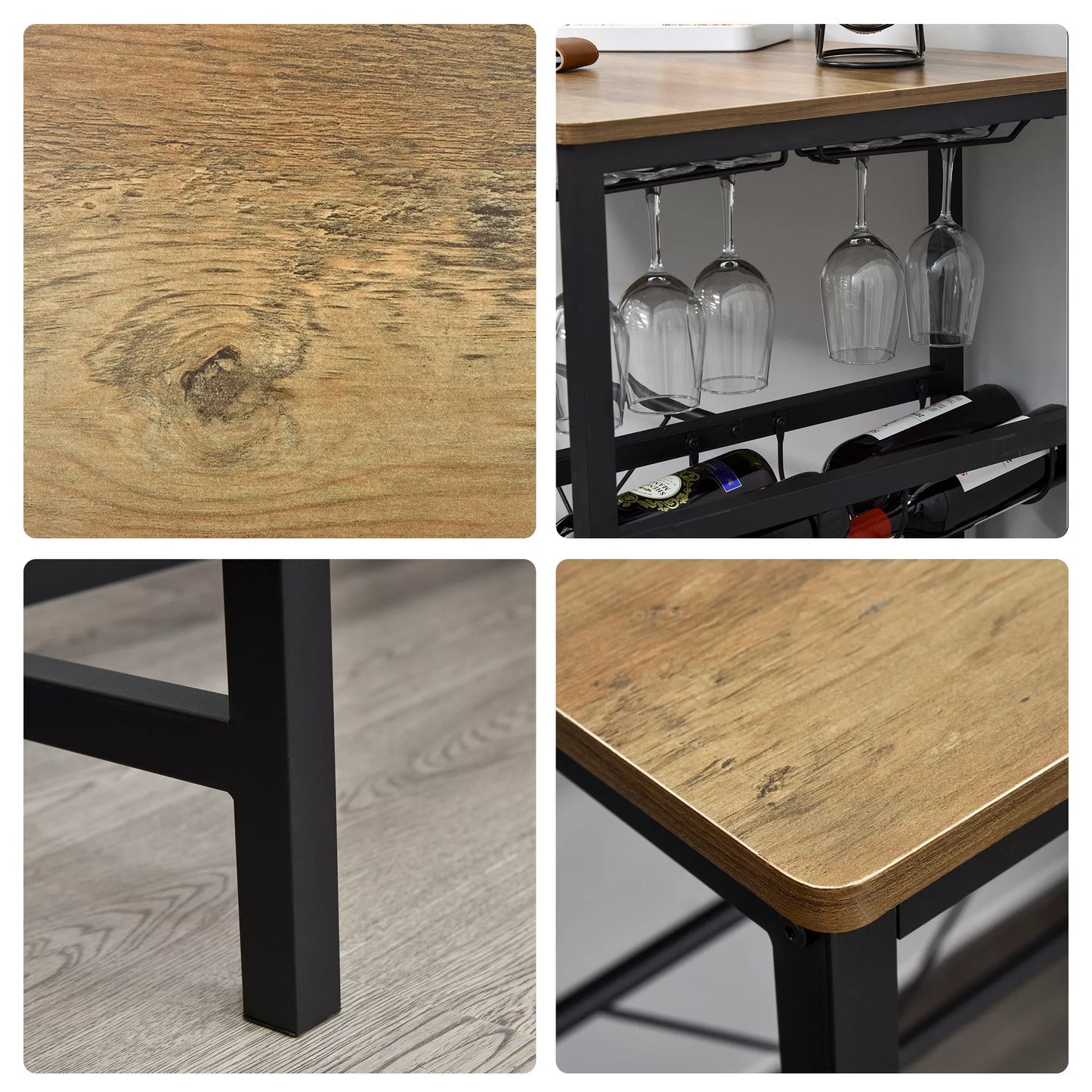 Baro stalo komplektas, aukštas stalas su 2 baro kėdėmis, 3 dalių virtuvės prekystalio komplektas su butelių laikikliu, medžio drožlių plokštė, plienas, natūralus+juodas, 108 x 60 x 95A cm