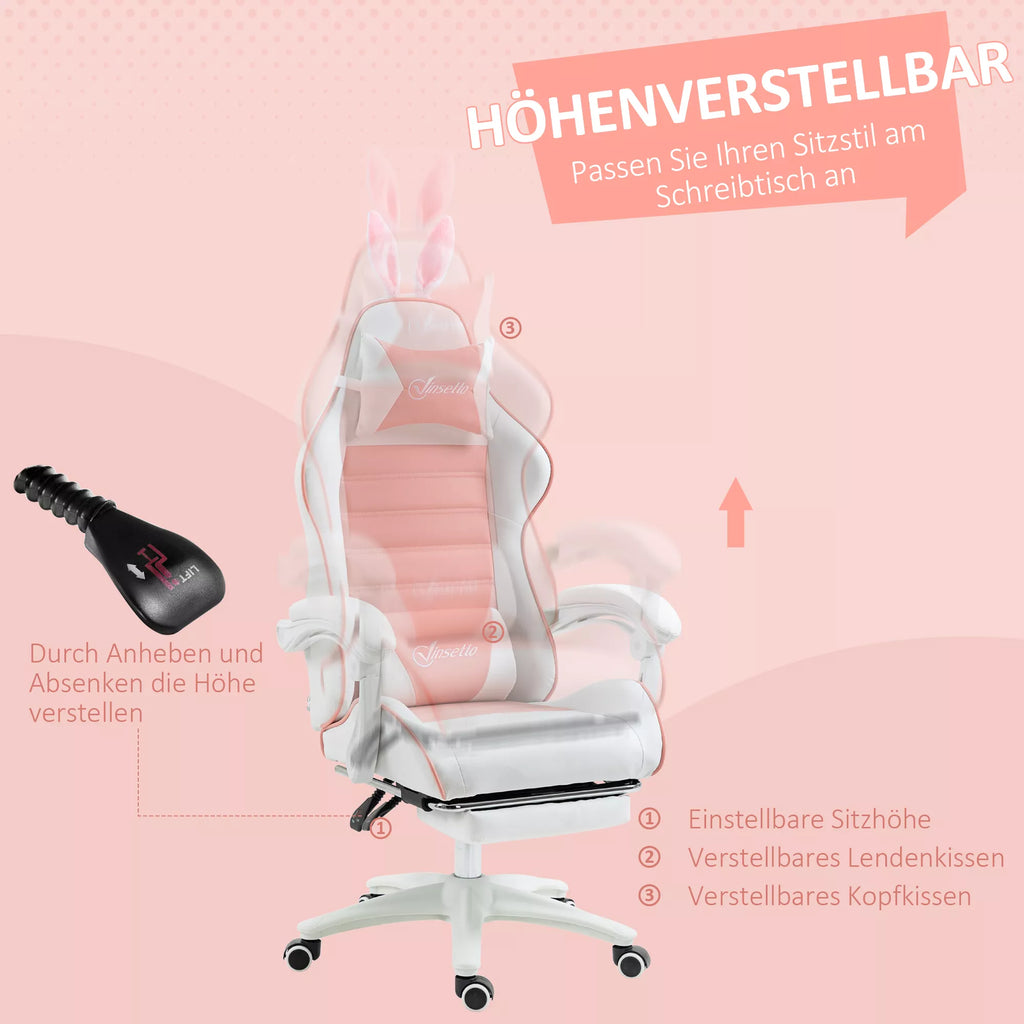 Žaidimų kėdė Ergonomiška žaidėjų kėdė su juosmens atrama, kojų atrama, triušio ausų pagalvėle, rožinė