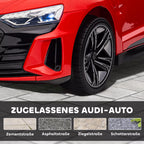 Raudonas Audi elektromobilis su kelio dangų piktogramomis