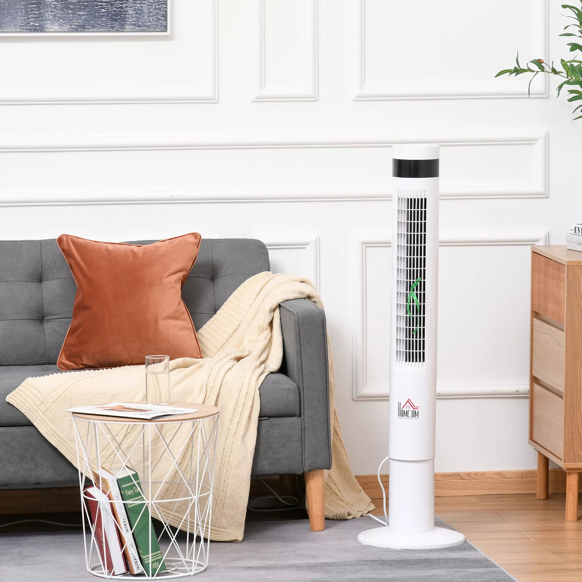 Bokštinis ventiliatorius, stovinis ventiliatorius su 3 ventiliacijos greičiais, nuotolinio valdymo pultas, 50 W ventiliatorius su 12 val. laikmačiu, LCD ekranas, 85° svyravimas, miegamajam, baltas