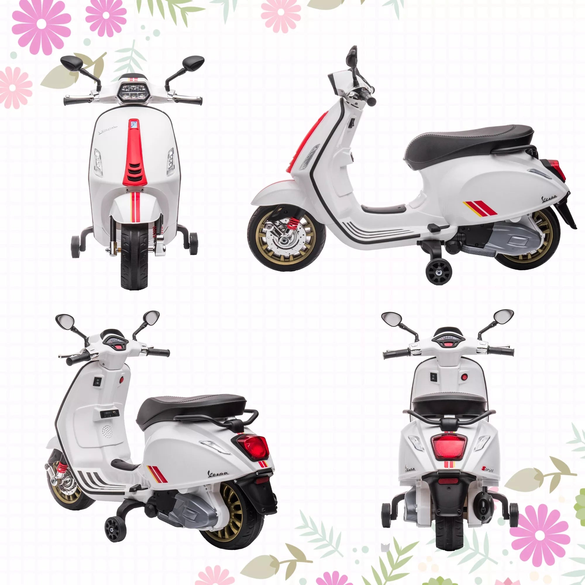 Elektrinis vaikiškas motociklas Vespa, 3 km/h, 3-6 metai, Muzika, Šviesos ir Radijas, Baltas