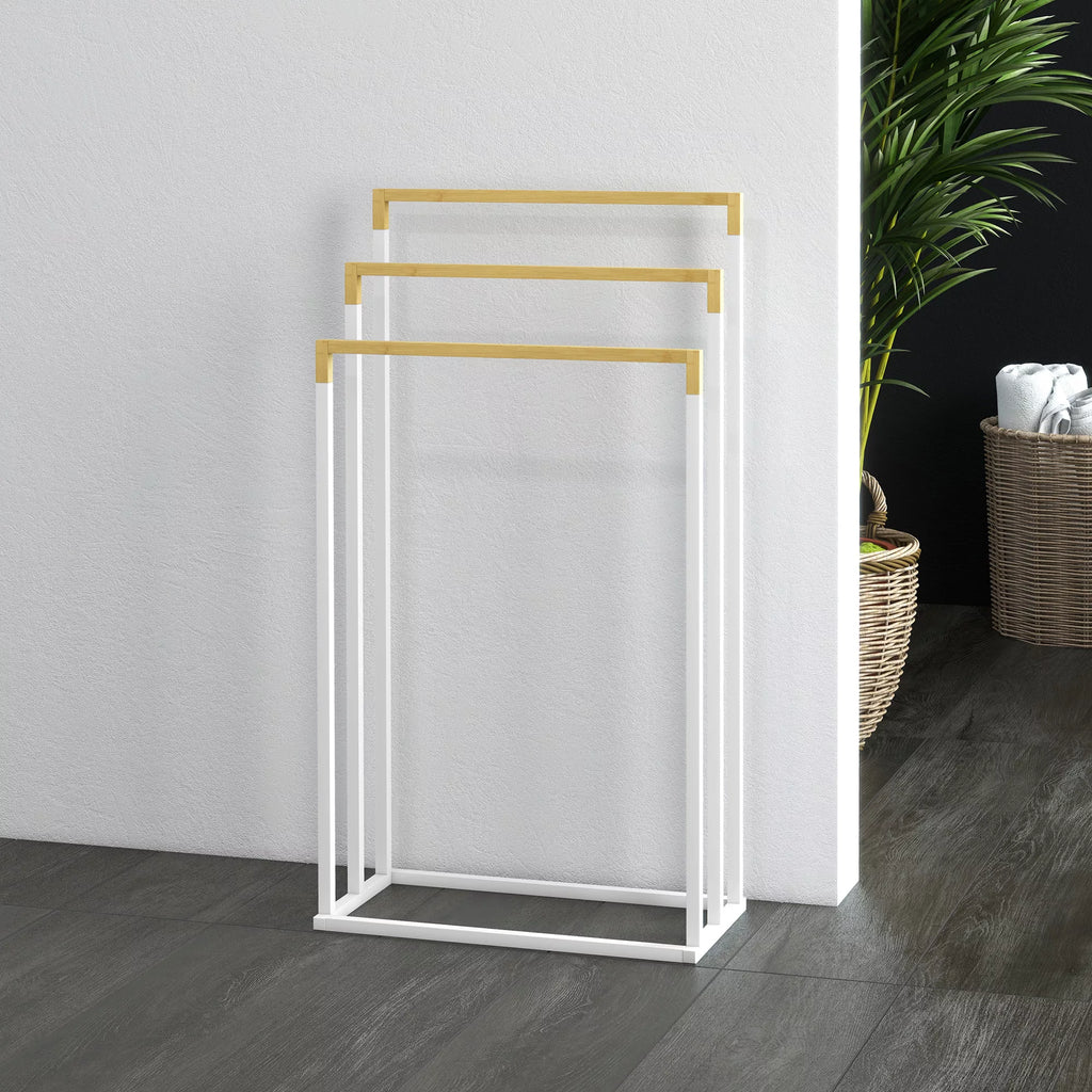 Rankšluosčių laikiklis Rankšluosčių laikiklio rinkinys 3 rankšluosčių strypai, pramoninis dizainas, bambukas, 45 x 22,5 x 86 cm, balta + natūrali
