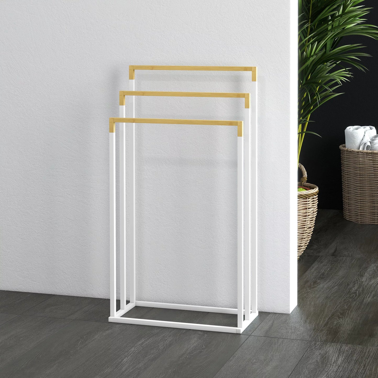 Rankšluosčių laikiklių rinkinys, 3 rankšluosčių strypai, pramoninio dizaino, bambukas, 45 x 22,5 x 86 cm, balta + natūrali