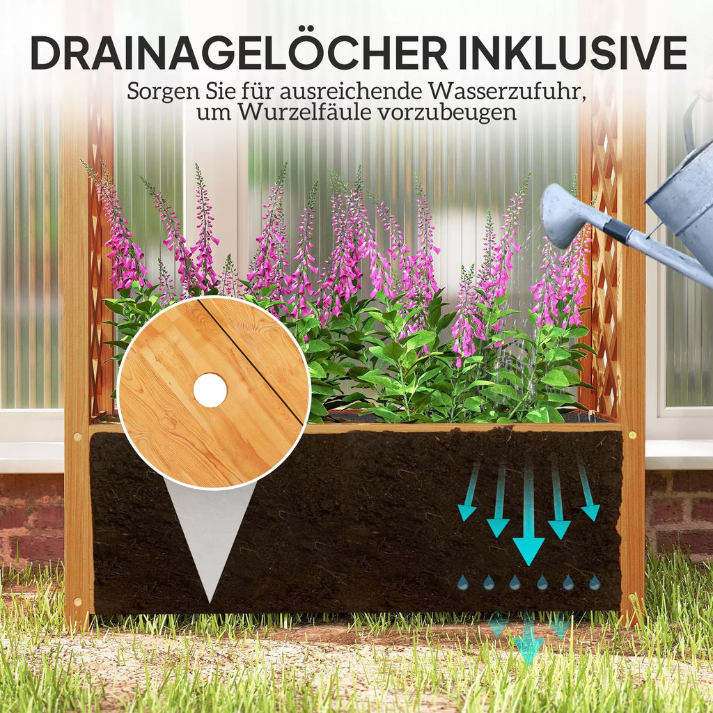 Pakelta gėlių dėžė su atrama vijokliams, išlenktu stogu, medinė gėlių dėžė 83 x 36 x 145 cm, šviesiai ruda