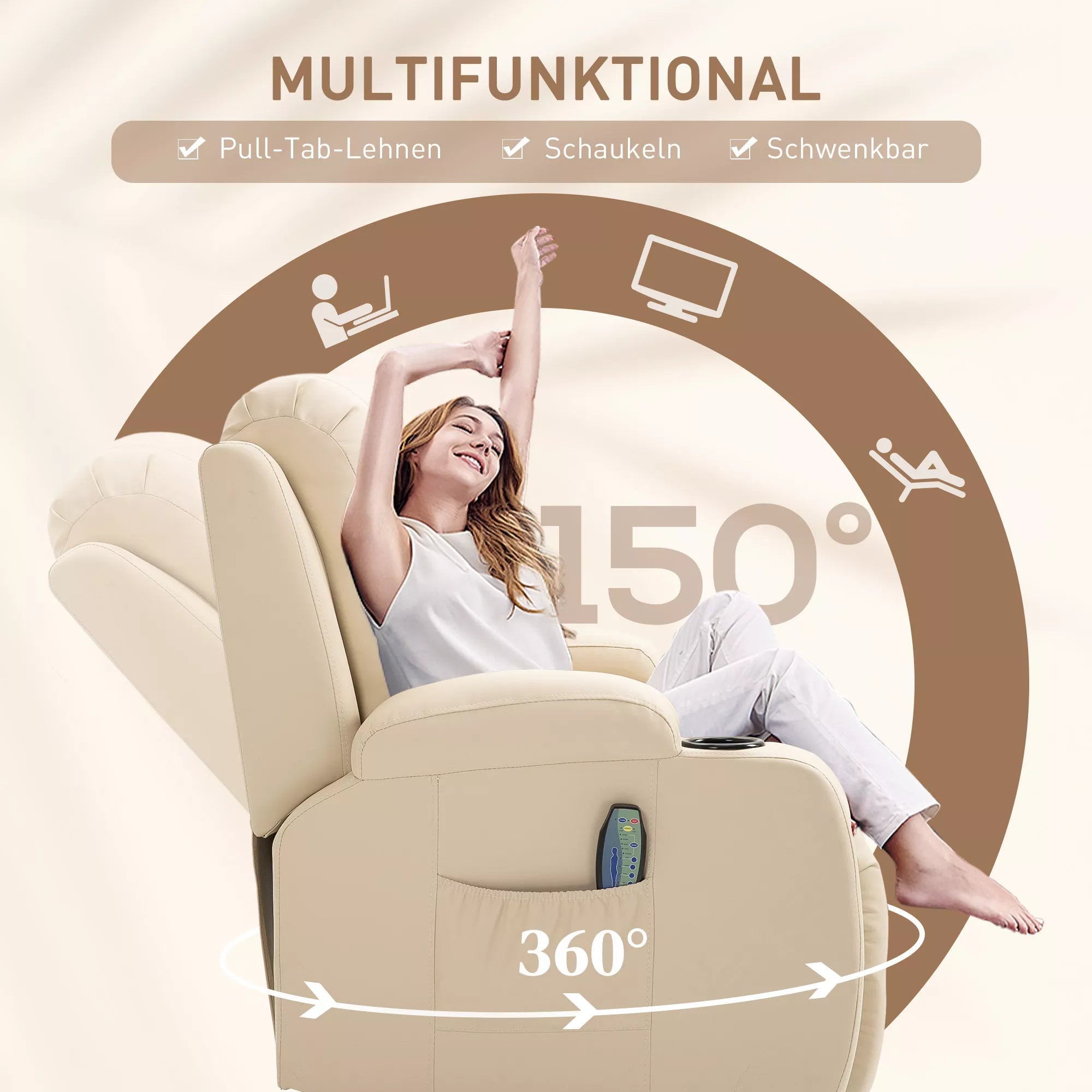 Masažinis krėslas, relaksinis krėslas, atlošimo funkcija, 8 vibracijos taškai, su nuotolinio valdymo pulteliu, Creme