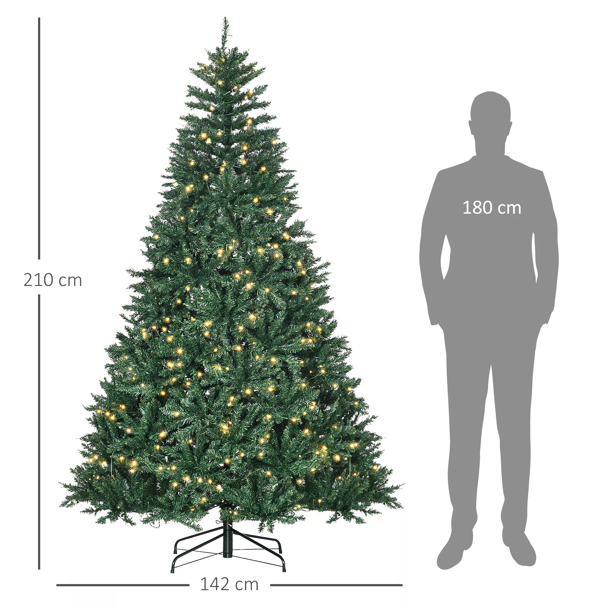 Kalėdinė eglutė, 700 šiltai baltų LED, 2154 šakų, ugniai atspari, plastikas/metalas, 210 x 142 cm, Žalia