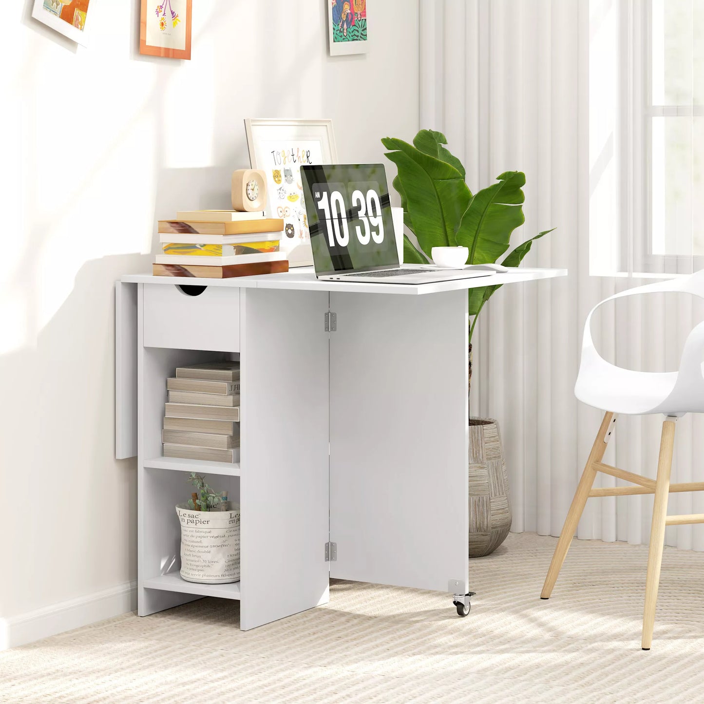 Sulankstomas valgomojo stalas 2-4 asmenims, sulankstomas virtuvės stalas su daiktadėže, prailginamas stalas su ratukais, baltas