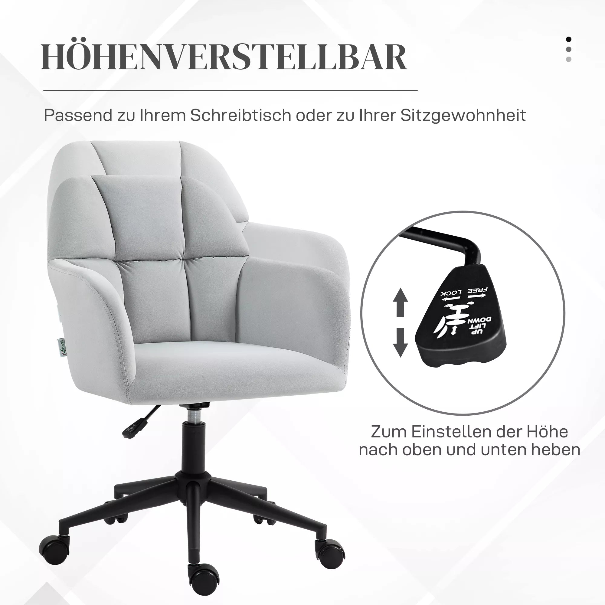 Ergonomiška darbo kėdė, aukščio reguliuojama, pasukama, aksomo išvaizdos, iki 120 kg, šviesiai pilka