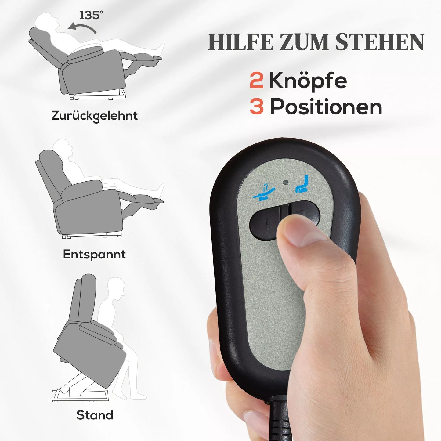 Elektrinis relaksacinis krėslas su pagalba atsikeliant, masažinis krėslas su šildymo funkcijomis, 2 nuotolinio valdymo pulteliai, minkštos putos