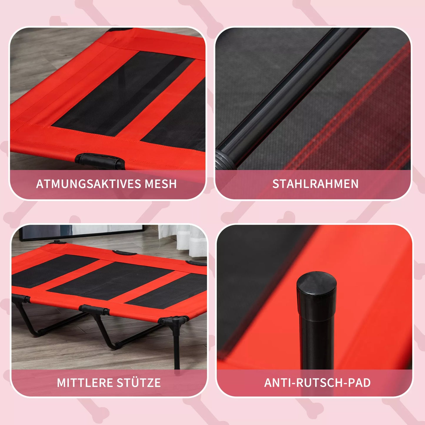 Sulankstomas lauko šunų guolis su paaukštintu pagrindu, 122 cm x 92 cm x 23 cm, raudona + juoda