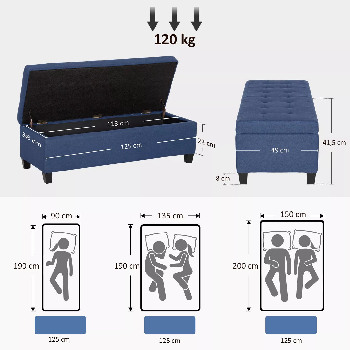 Suoliukas su daiktadėže, Otomanas, Prieškambario suoliukas, Sagų dygsniavimas, 125,1 cm x 48,9 cm x 41,3 cm, Mėlyna