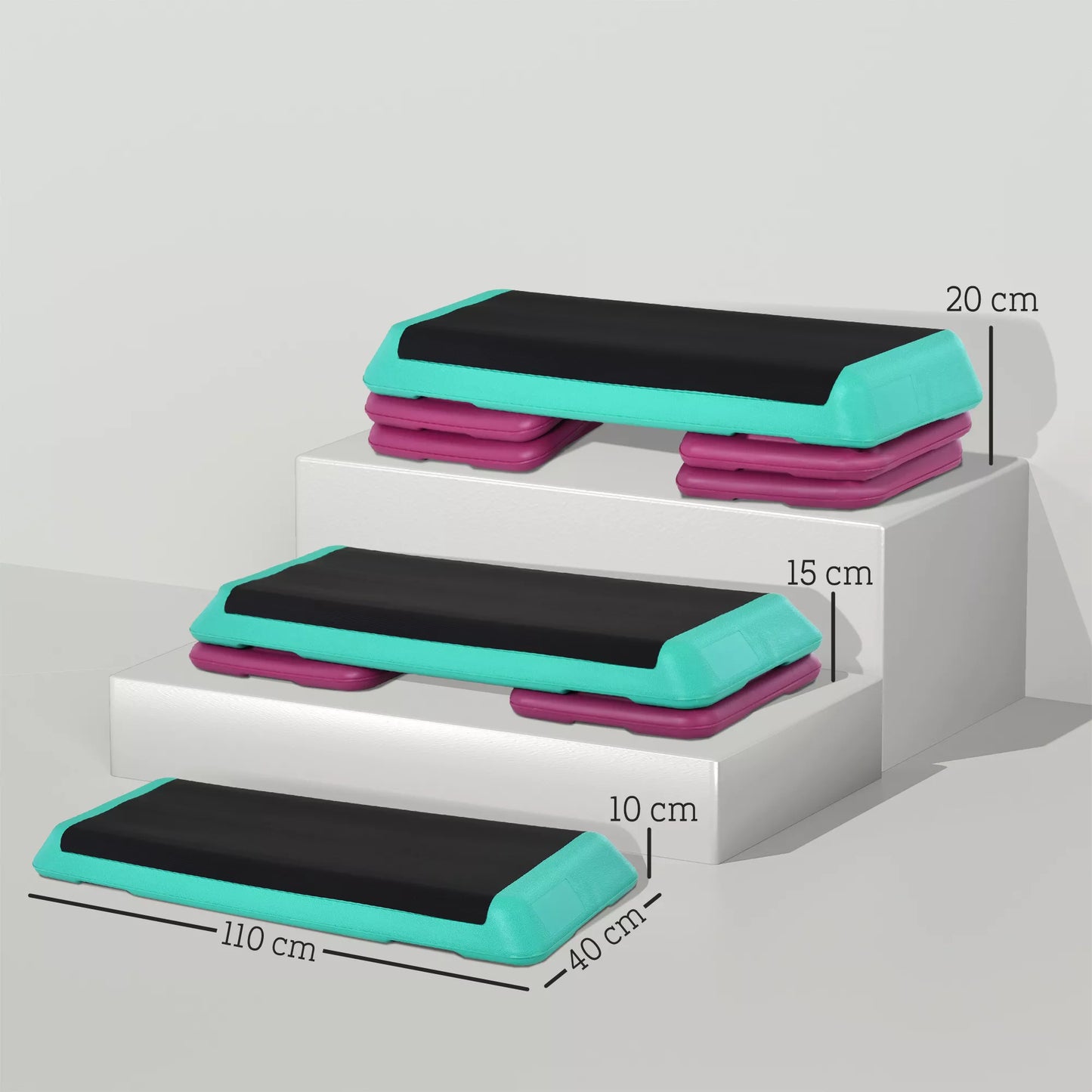 Aukščio reguliavimo fitneso stepperis, 3 pakopos (10/15/20 cm), neslystantis, skirtas namams, sporto salei, biurui. Plastikinis, juodos+žalios+violetinės spalvos