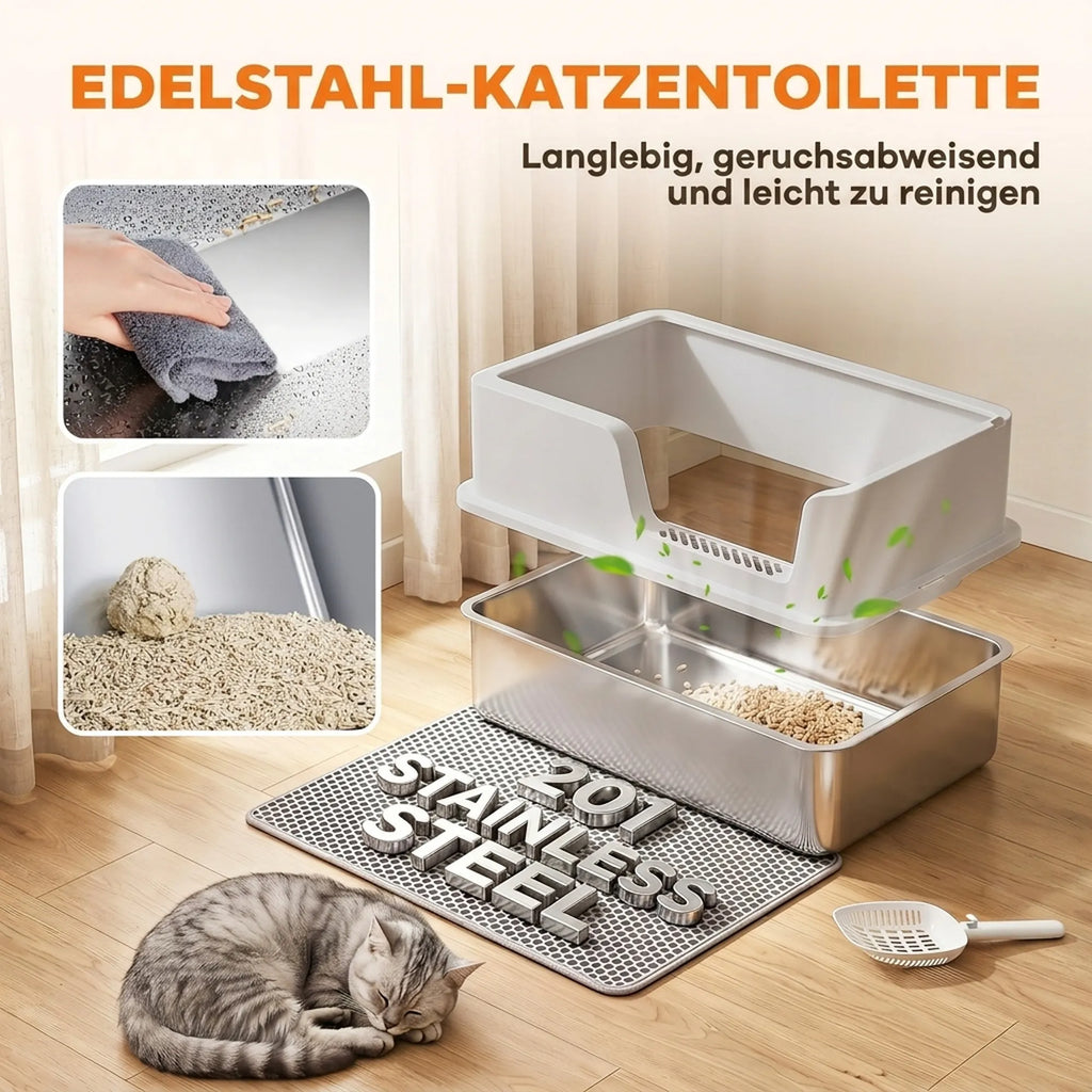 XL kačių tualetas iš nerūdijančiojo plieno su dangčiu, 60 × 40 × 30 cm, šviesiai pilkas
