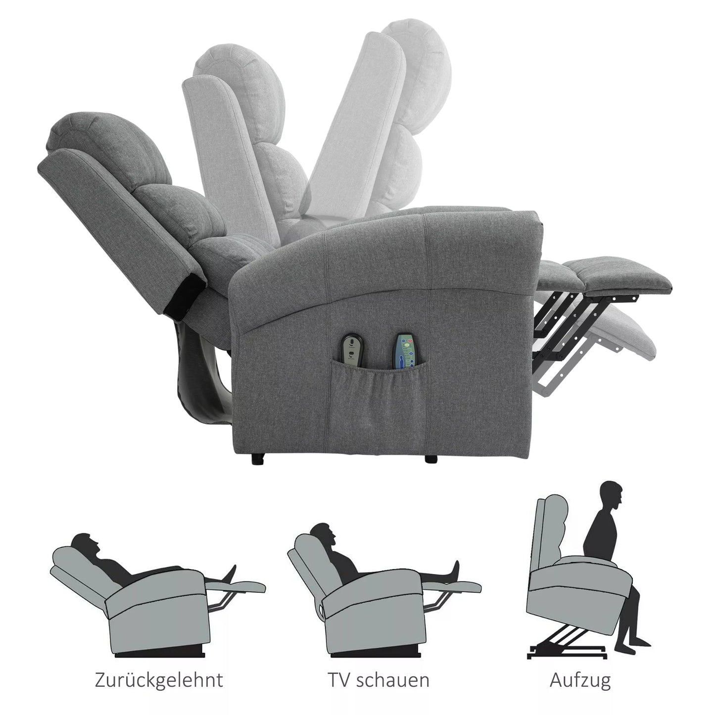 Elektrinis atsisėdimo fotelis, masažinis fotelis su šildymo funkcija, fotelis su pagalba atsisėsti, poilsio fotelis su nuotolinio valdymo pultu, linas, pilkas, 90 x 91 x 106 cm