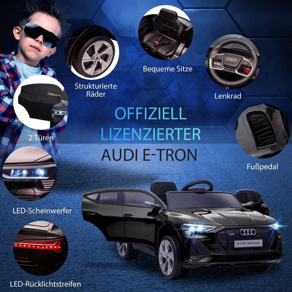 Elektrinis vaikų automobilis 12 V elektrinis automobilis „Audi E-tron“ su nuotolinio valdymo pultu, saugos diržu, muzika (MP3/USB/TF), vaikų automobilis vaikams nuo 3 iki 5 metų, 3–5 km/h, juodos spalvos