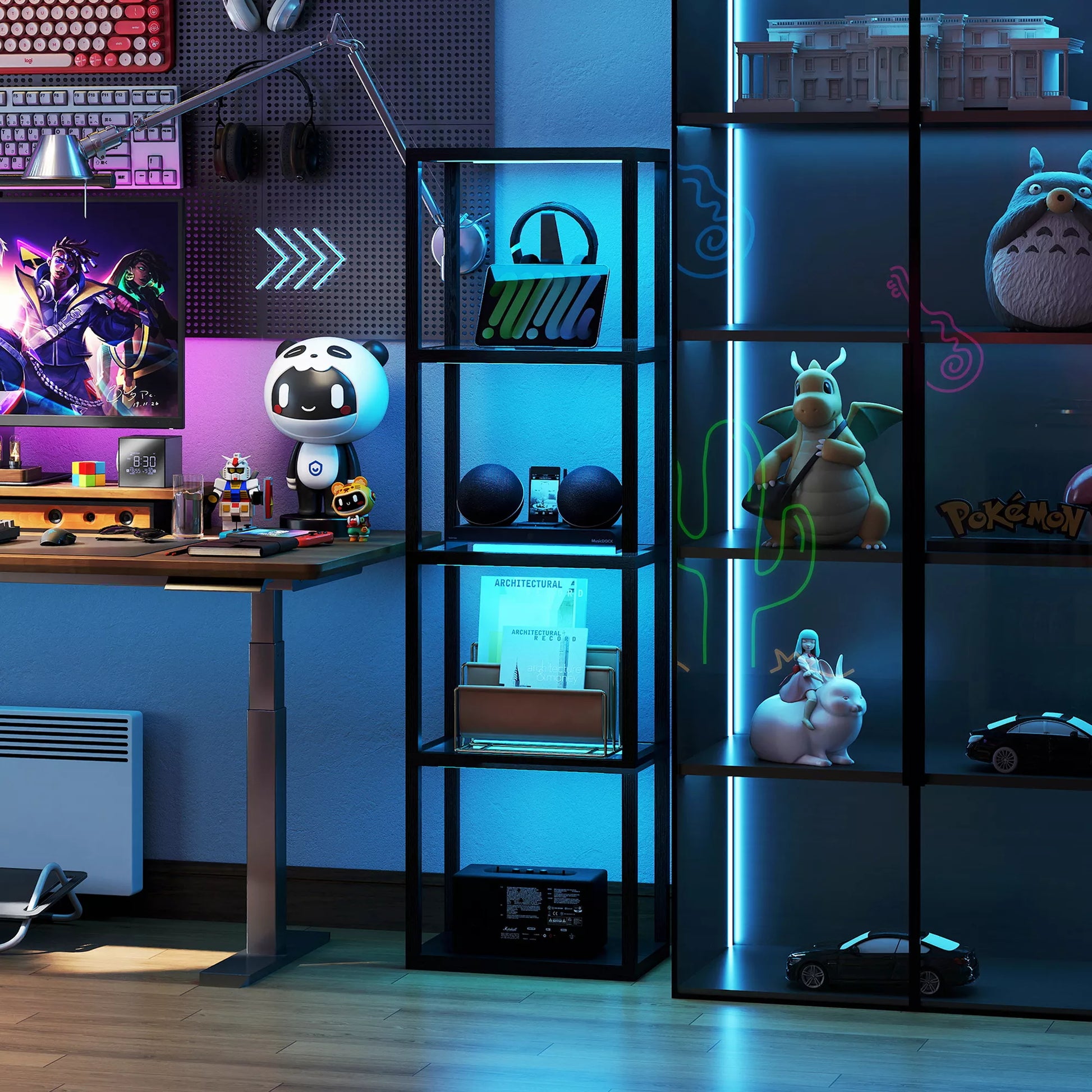 RGB stovas su stiklinėmis lentynomis, 4 lygių LED stovas su nuotolinio valdymo pultu, muzikos sinchronizavimas, juodas