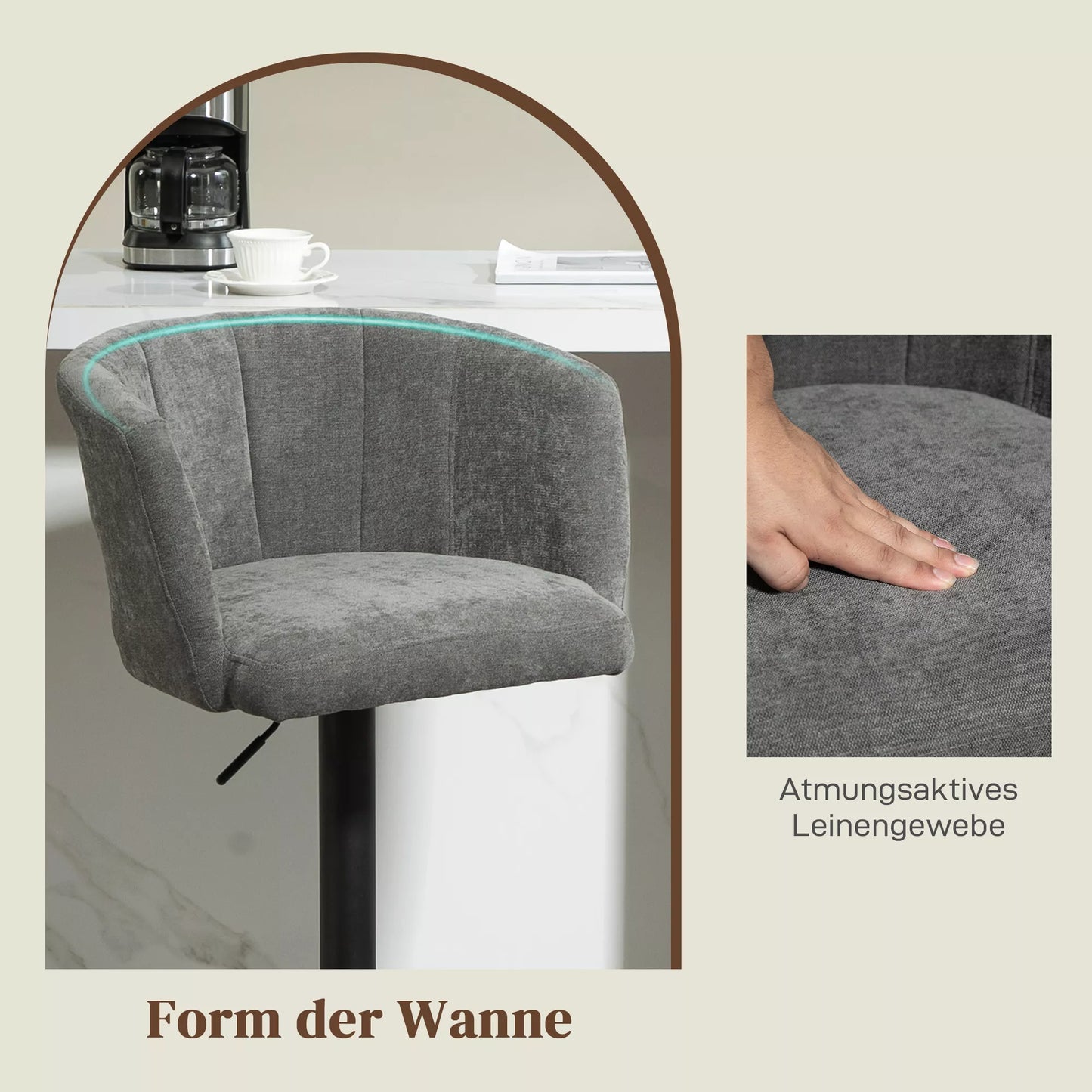 Baro kėdžių komplektas iš 2 vnt., kaušo formos atlošas, reguliuojamas aukštis, atrama kojoms, skirta virtuvei ar valgomajam, metalinis pagrindas, tamsiai pilka