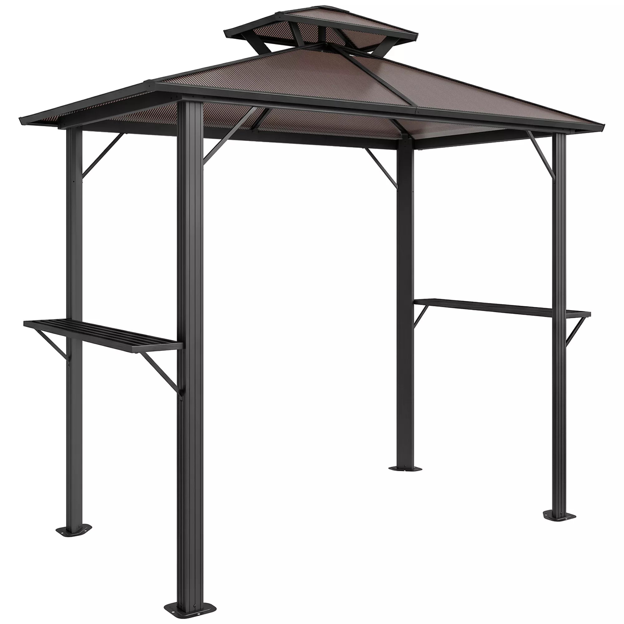 Grillpavillon 2,5 x 1,5 m, vandeniui atsparus grilio stogas su dvigubu polikarbonato stogu, šoninė lentynėlė, ruda spalva