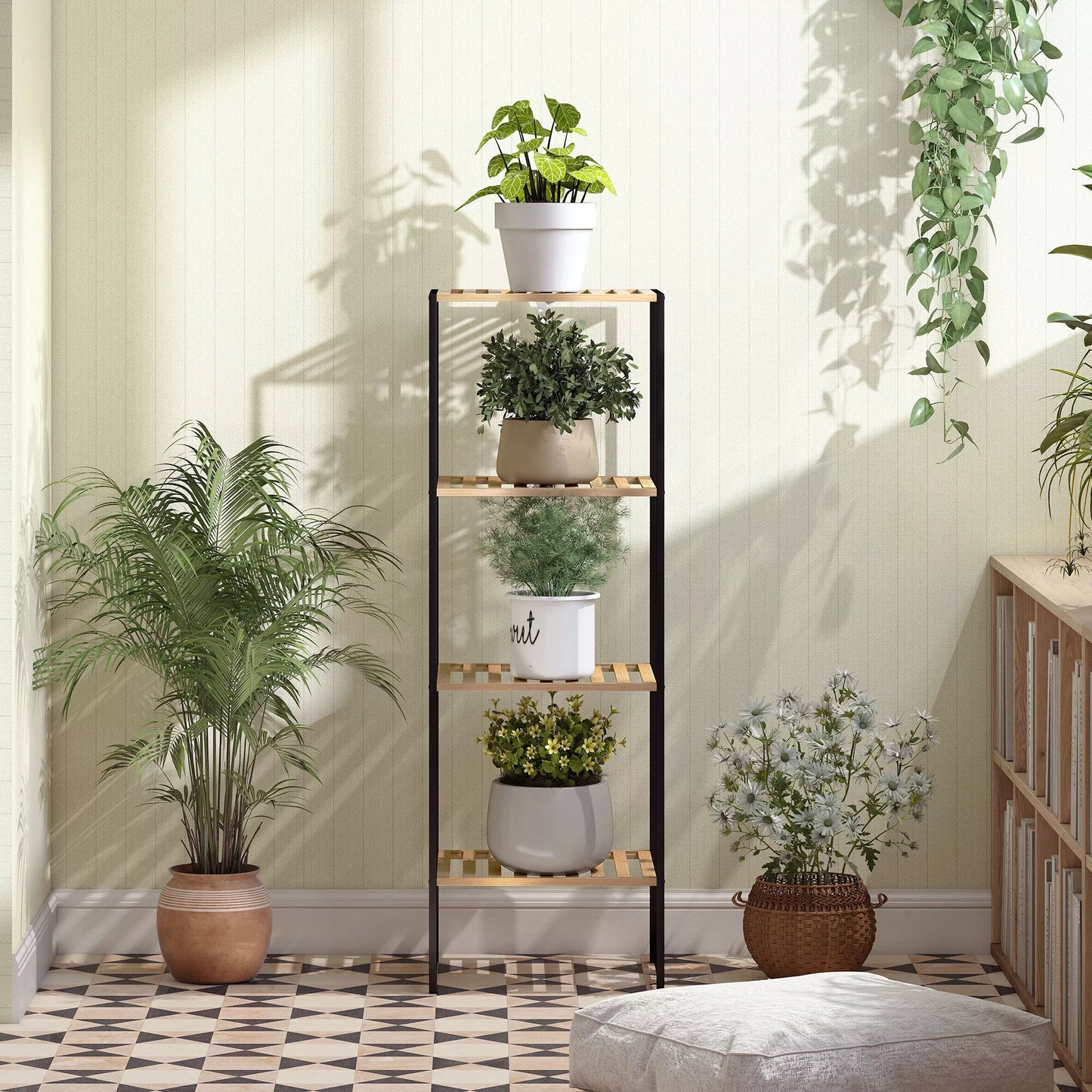 Pastatoma lentyna, 4 aukštų vonios lentyna, knygų lentyna, bambukas ir plienas, 36,5x33x110 cm, natūrali