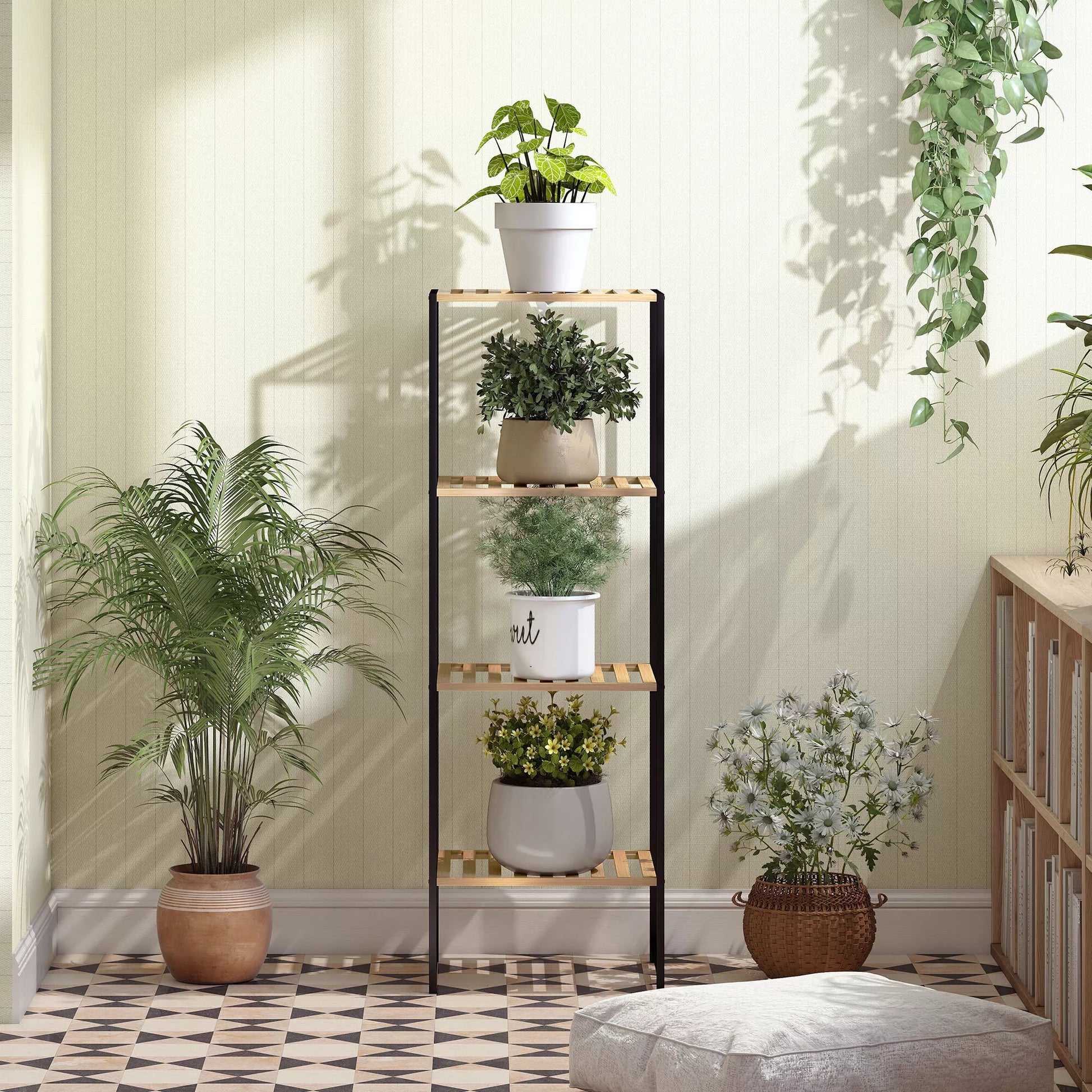 Pastatoma lentyna, 4 aukštų vonios lentyna, knygų lentyna, bambukas ir plienas, 36,5x33x110 cm, natūrali