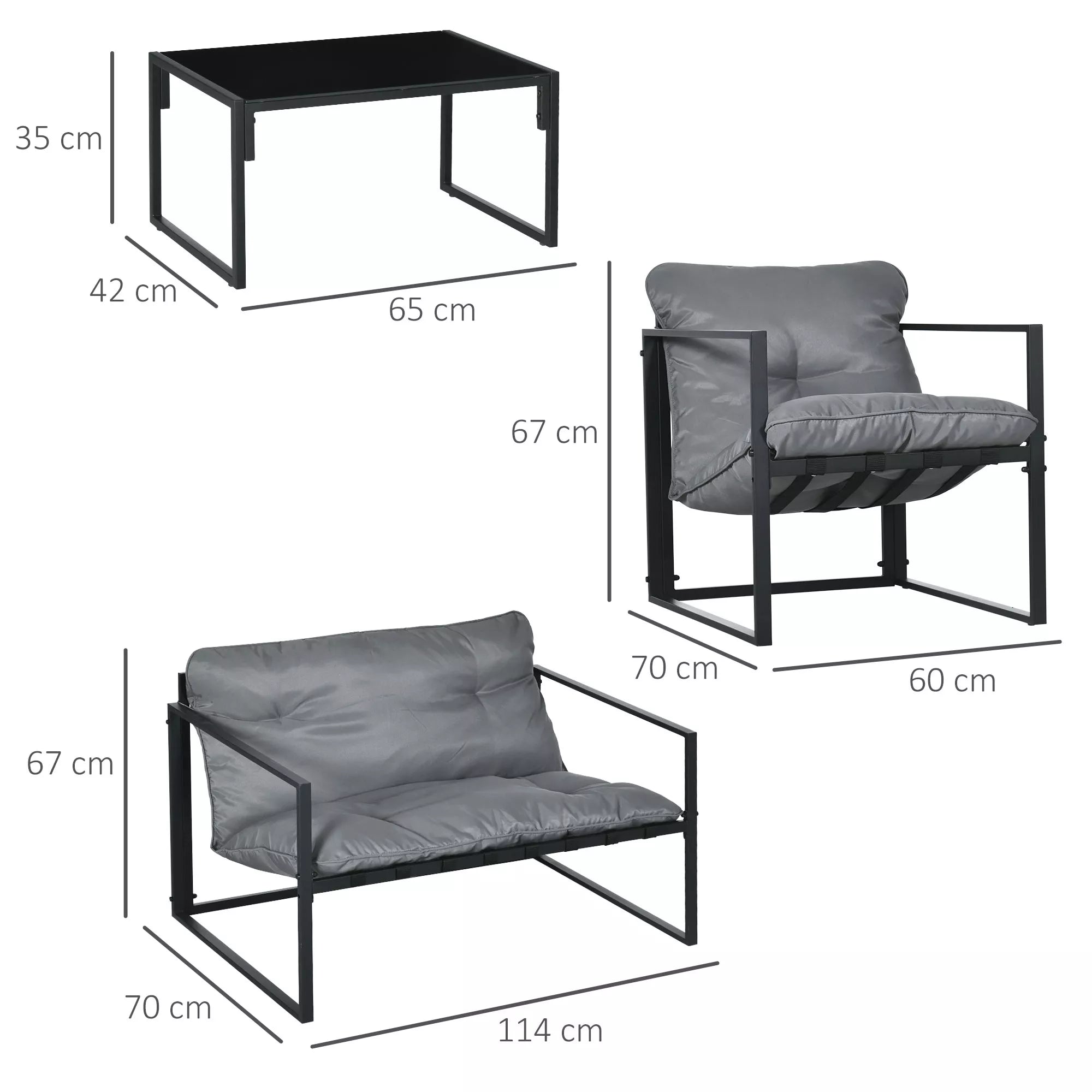 Sodo baldų komplektas: 1 stiklinis stalas, 2 foteliai, 1 sofa, atsparus oro sąlygoms, 114 cm x 70 cm x 67 cm, pilkos ir juodos spalvos