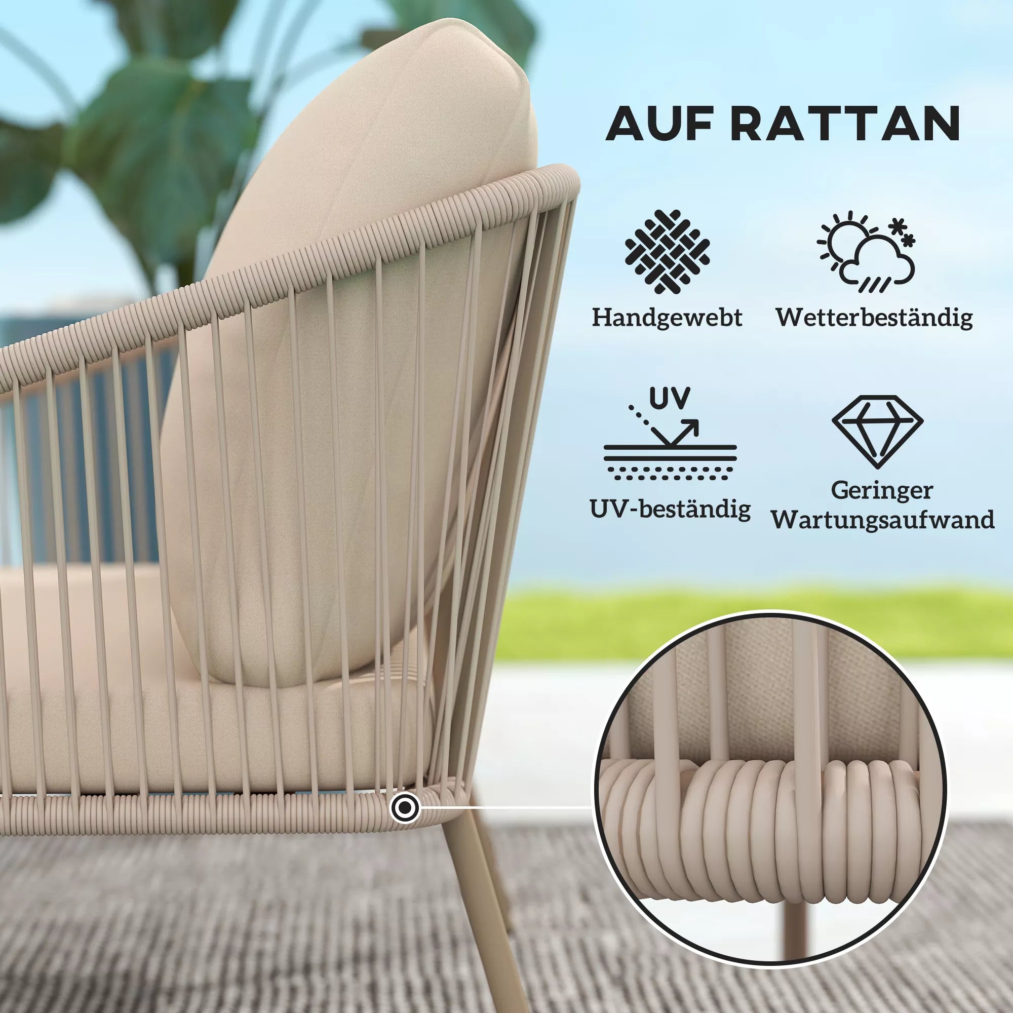 2-vietė rotango sofa su pagalvėlėmis, poilsio sofa, atspari oro sąlygoms, smėlio spalvos