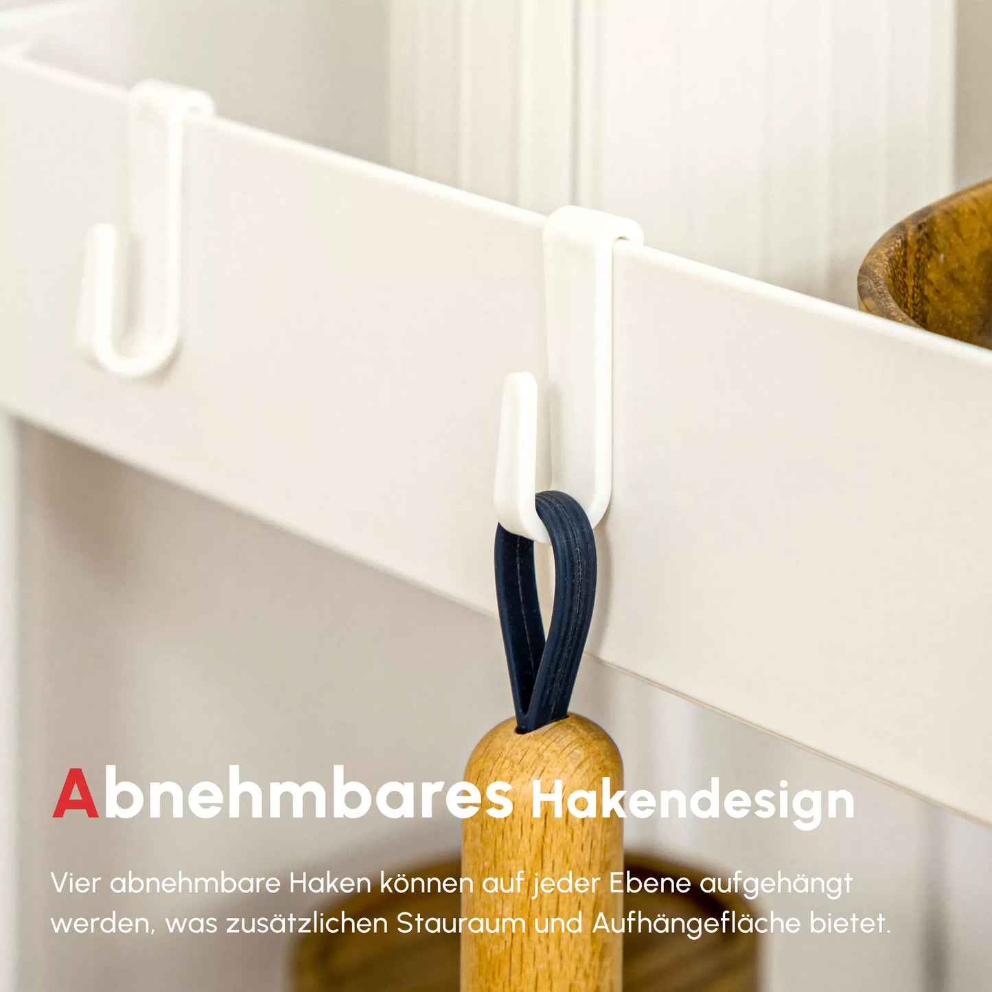 Virtuvės vežimėlis su 4 lentynomis, 4 lanksčiais kabliukais, 4 ratukais, 40 cm x 19 cm x 90 cm, siauras vežimėlis, baltas