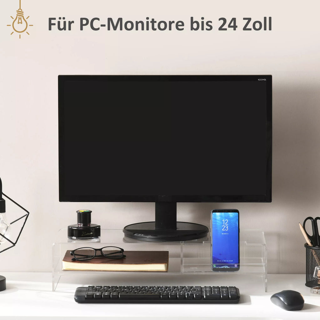 Monitorių stovas su klaviatūros dėklu, skaidrus, skirtas iki 24 colių monitoriams, 2 lygiai, akrilas, 50,8 x 19 x 12 cm