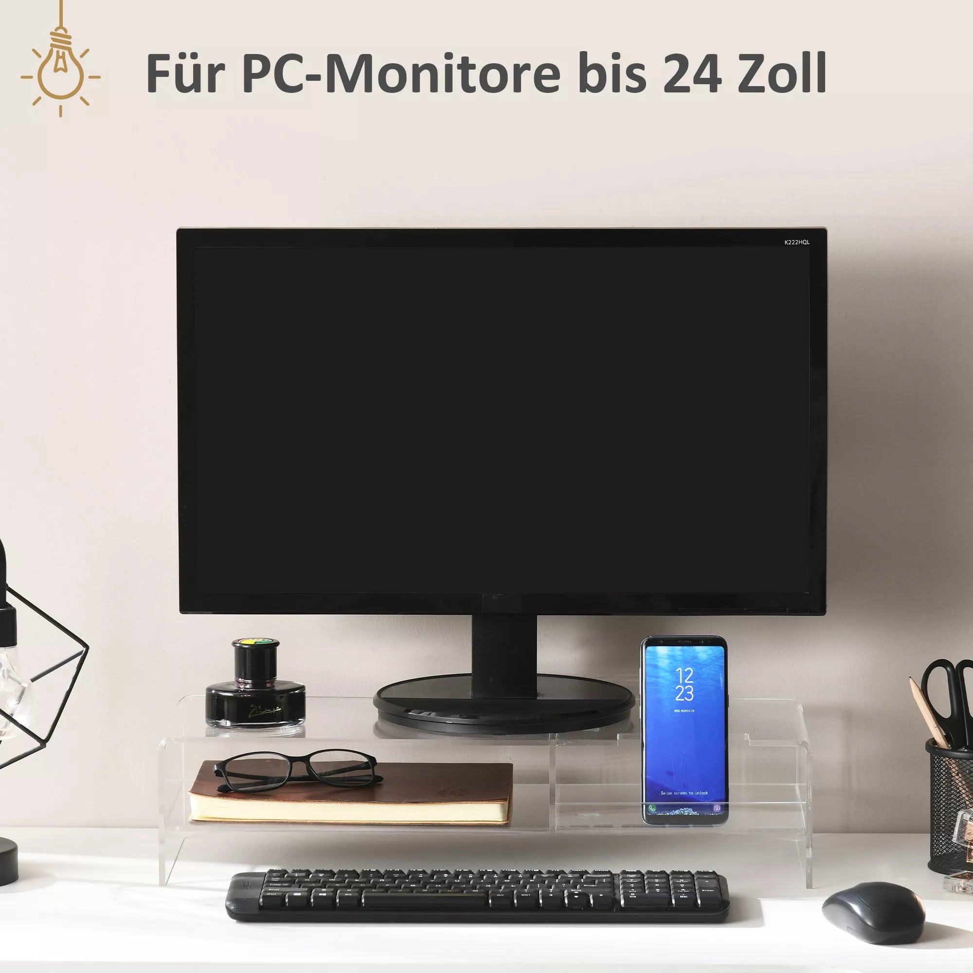 Monitorių stovas su klaviatūros dėklu, skaidrus, skirtas iki 24 colių monitoriams, 2 lygiai, akrilas, 50,8 x 19 x 12 cm