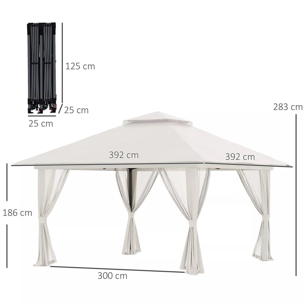 Sulankstomas paviljonas, reguliuojamas aukštis, 4 tinklinės sienos, ventiliacijos stogas, nešimo krepšys, greitas surinkimas, 4 x 4 x 3 m, kreminė balta spalva